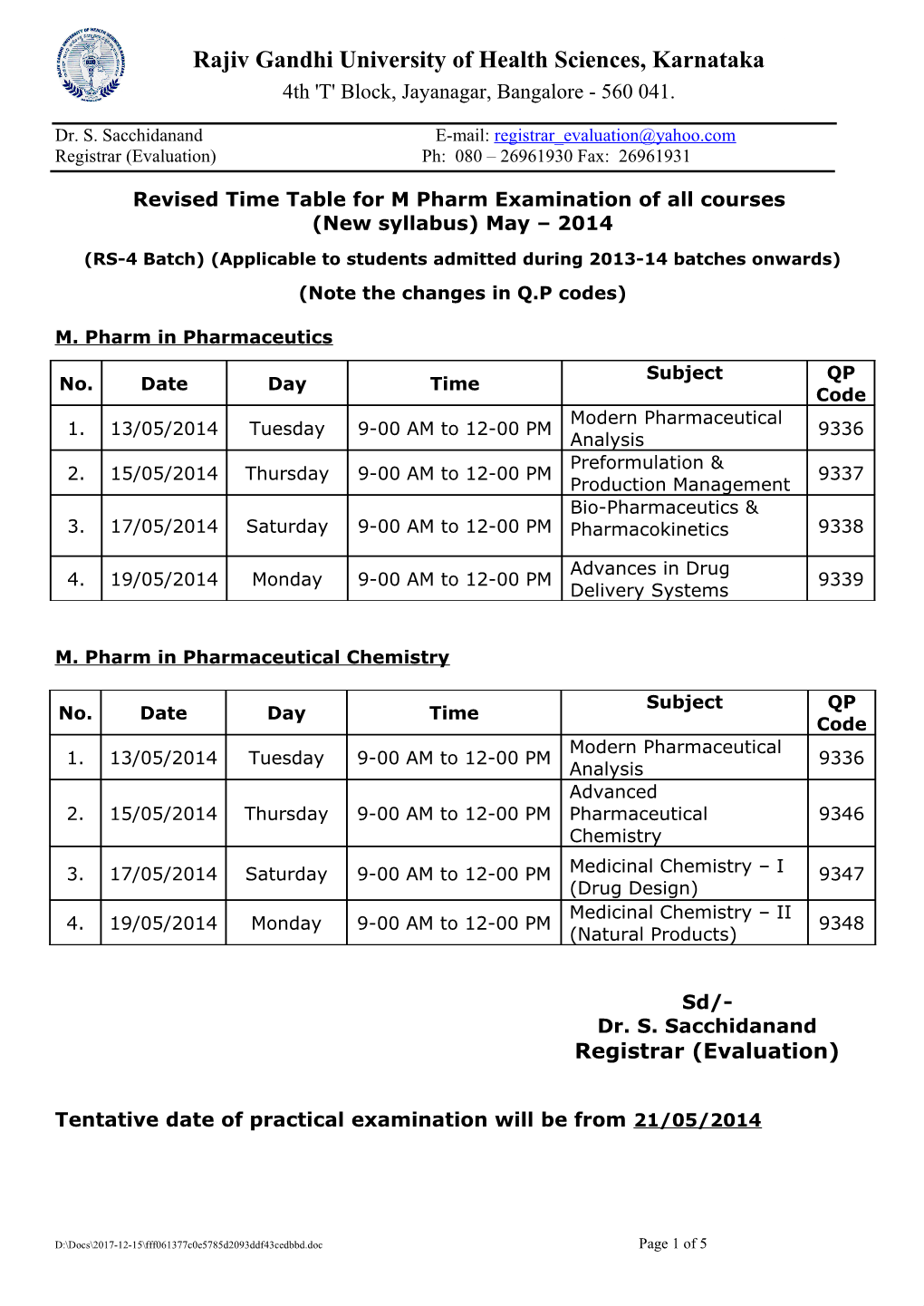 Time Table for P