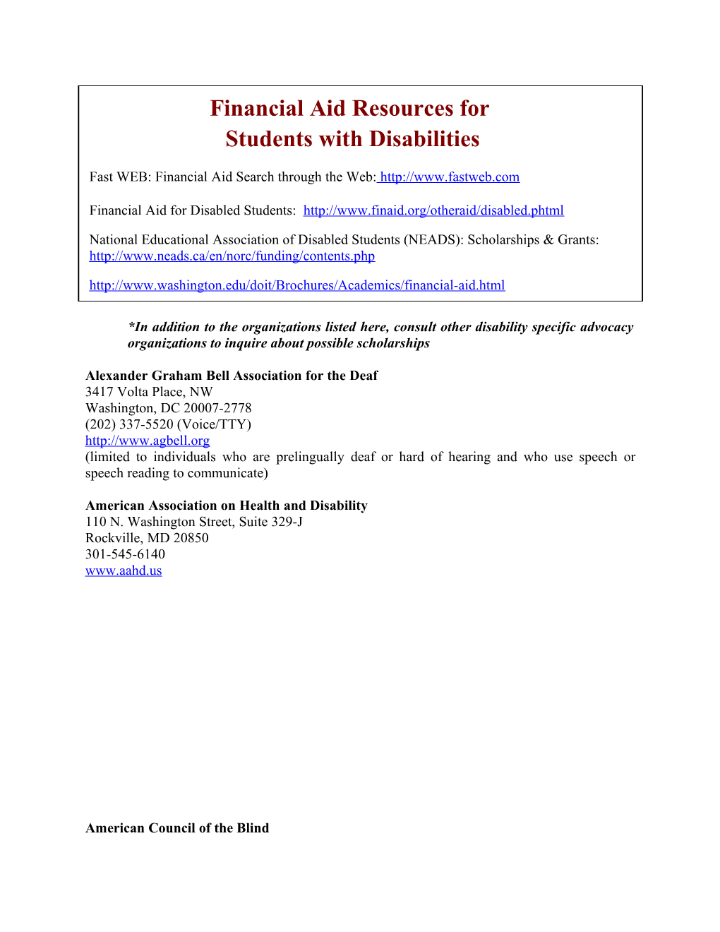 Financial Aid Resources For