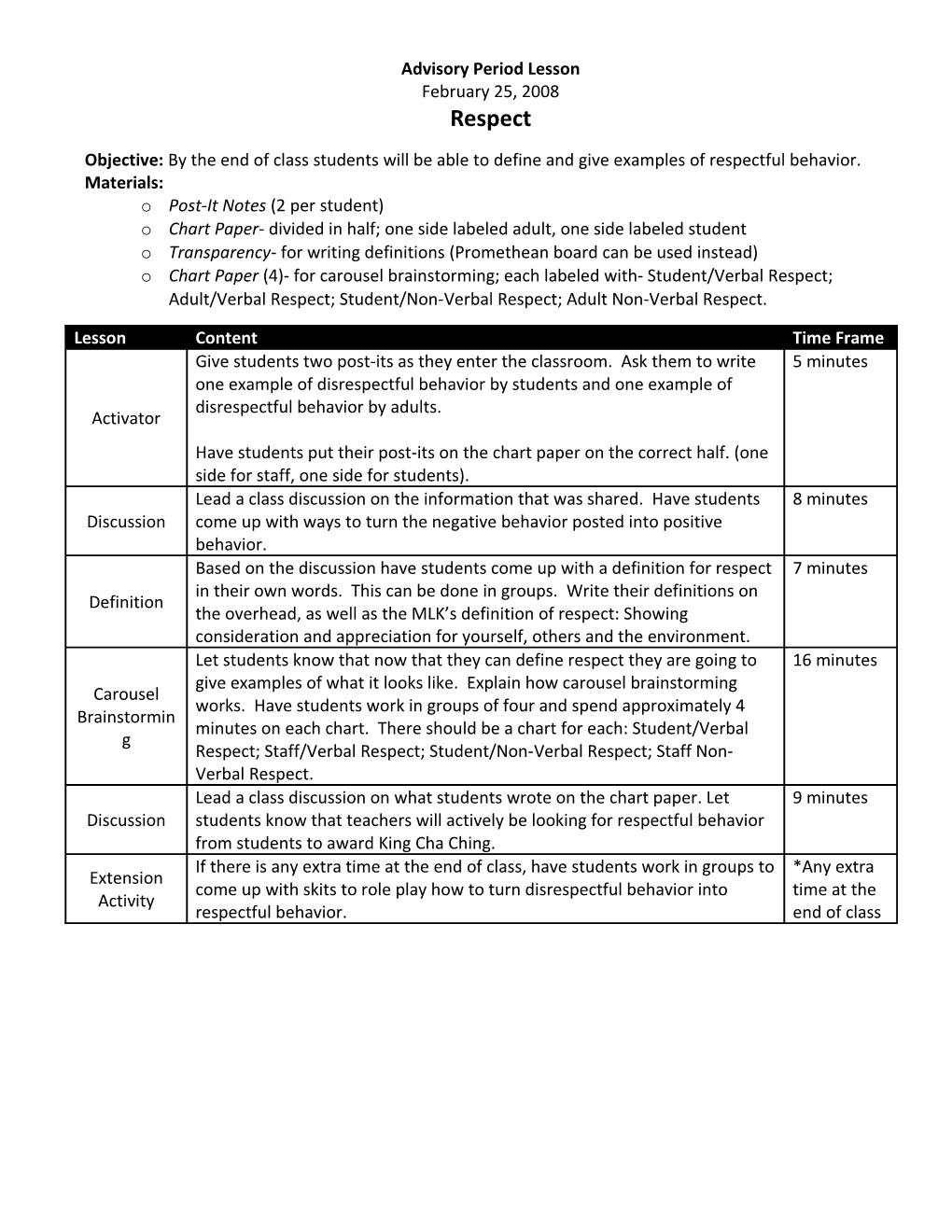 Advisory Period Lesson