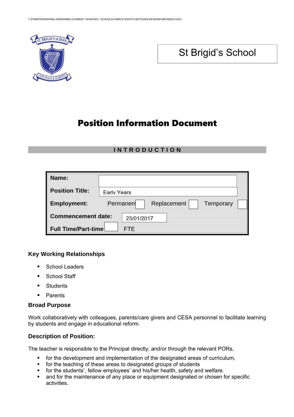 Position Information Document