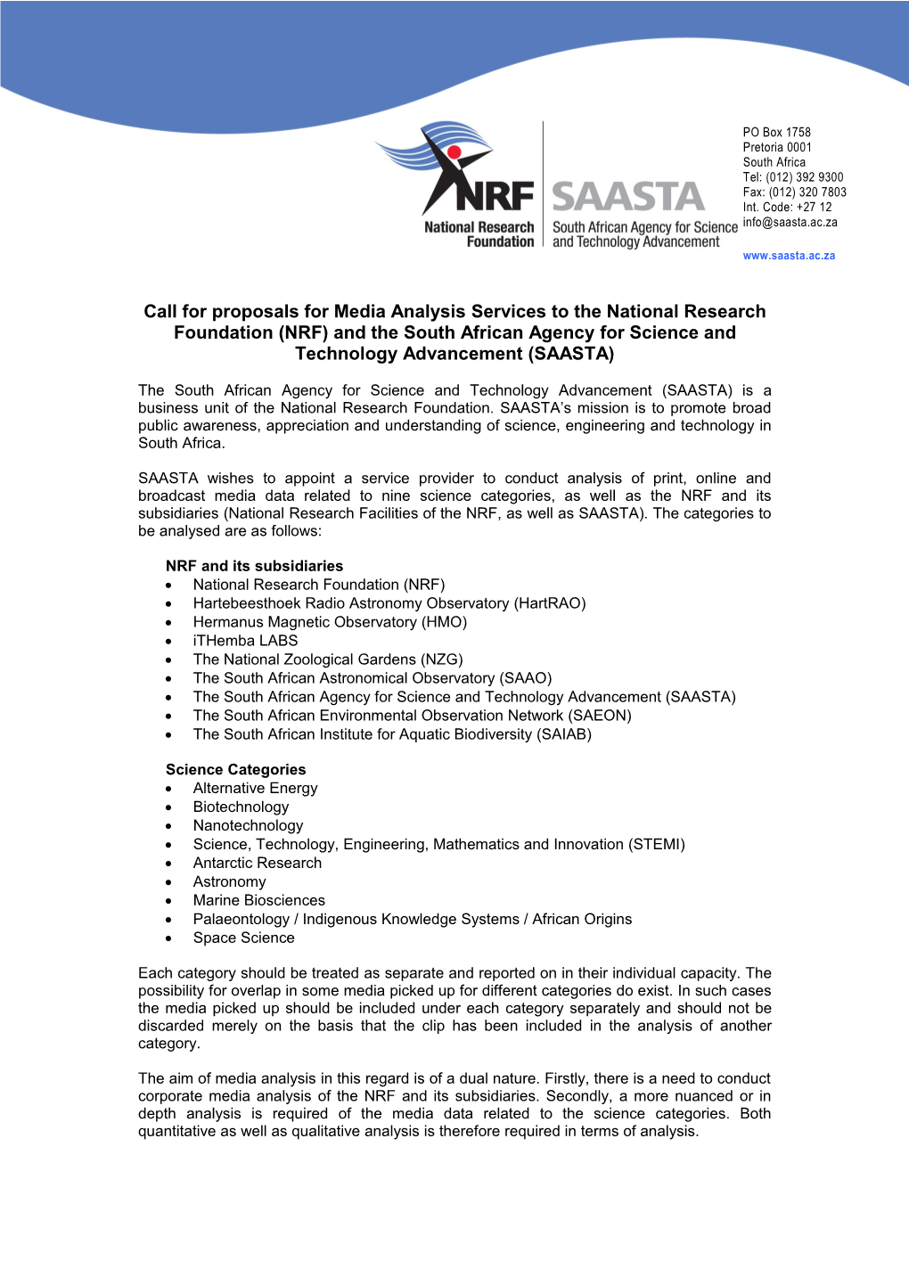 Call for Proposals for Media Analysis Services to the National Research Foundation (NRF)