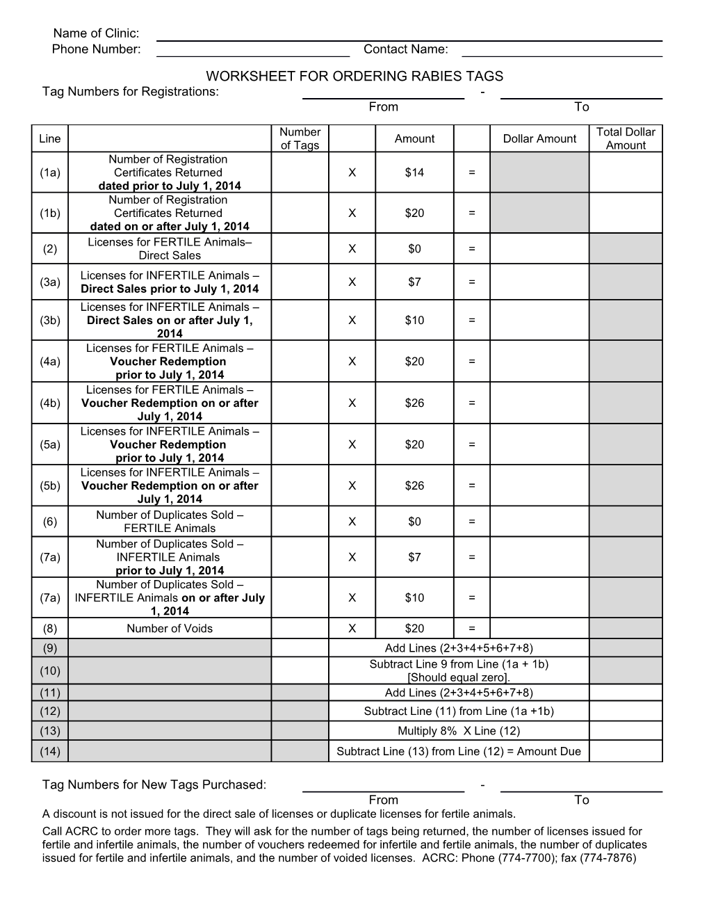 Worksheet for Ordering Rabies Tags