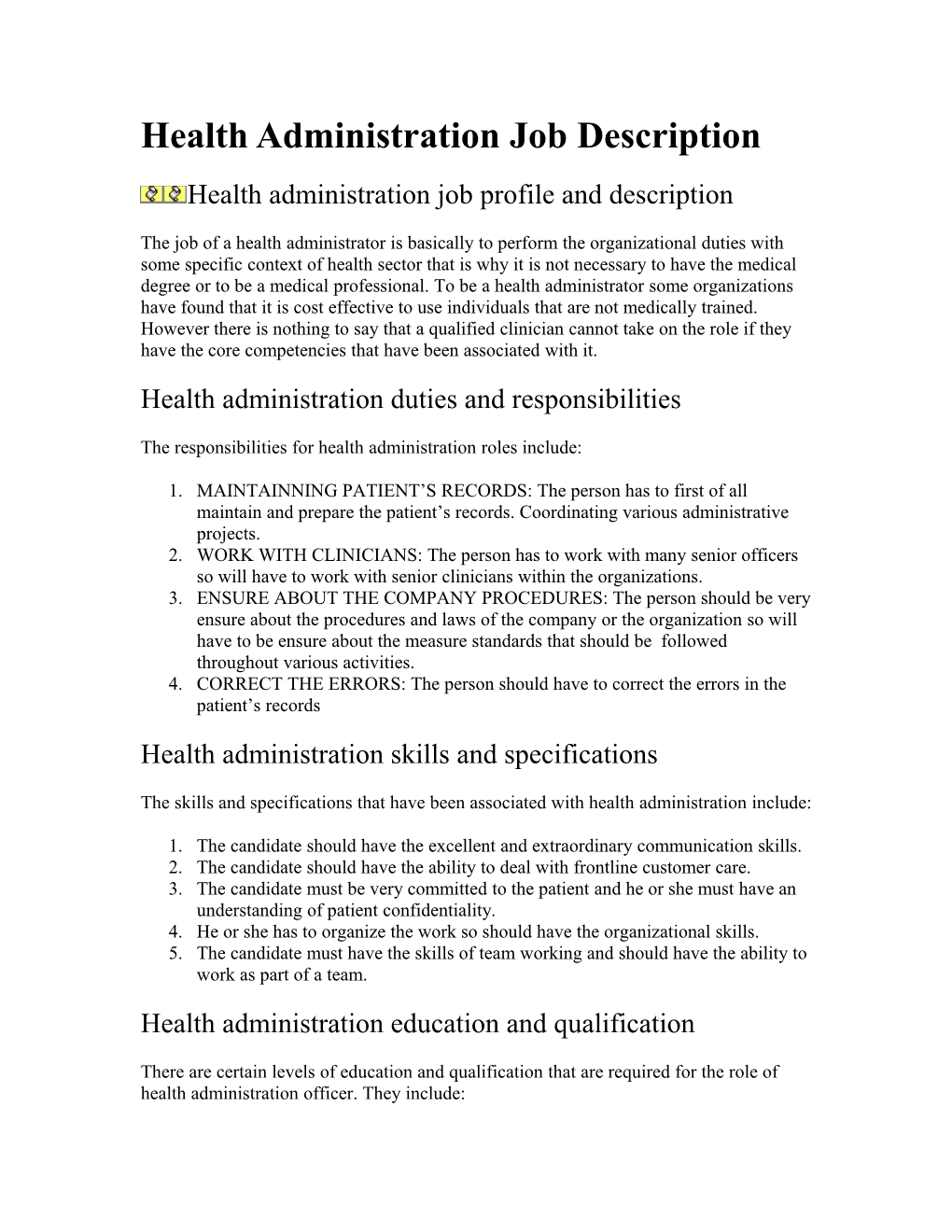 Health Administration Job Description