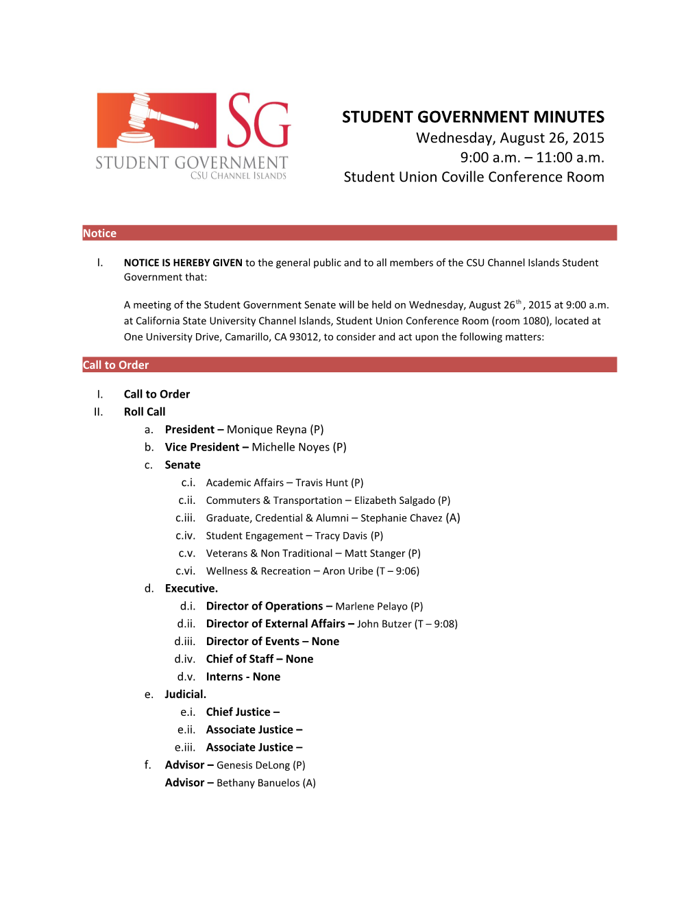 A Meeting of the Student Government Senate Will Be Held on Wednesday, August 26Th , 2015