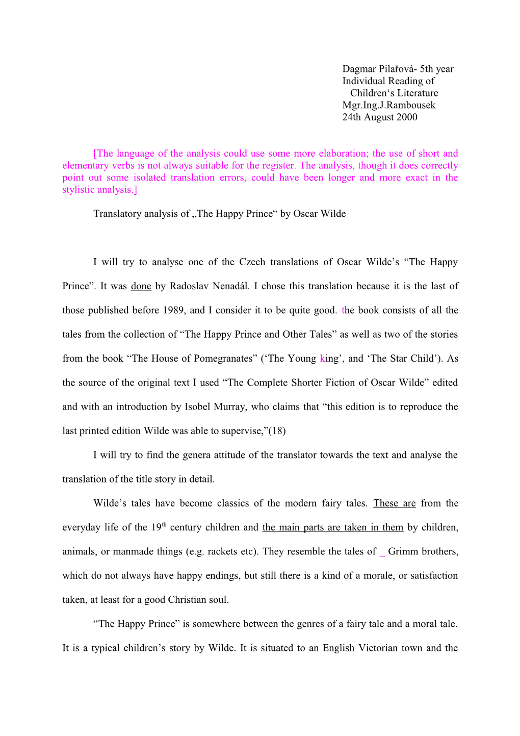 Translatory Analysis of the Happy Prince by Oscar Wilde