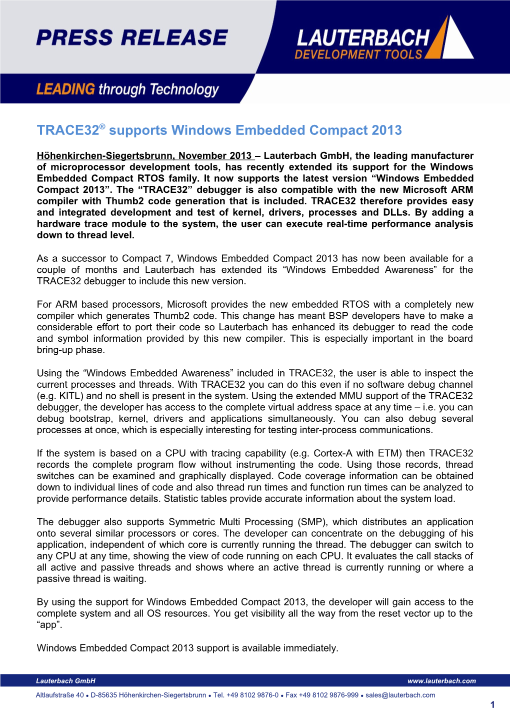 TRACE32 Supports Windows Embedded Compact 2013