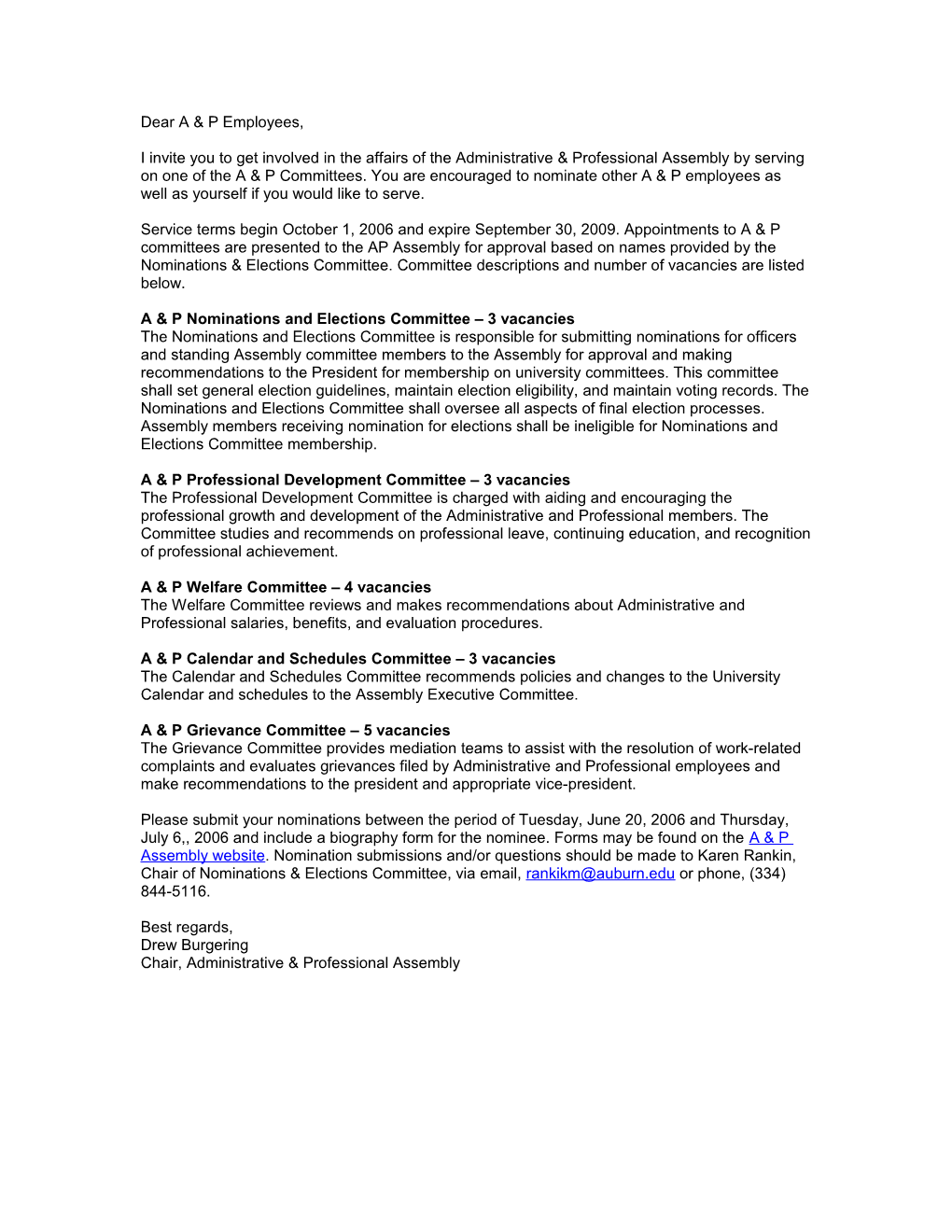 A & P Professional Development Committee 3 Vacancies