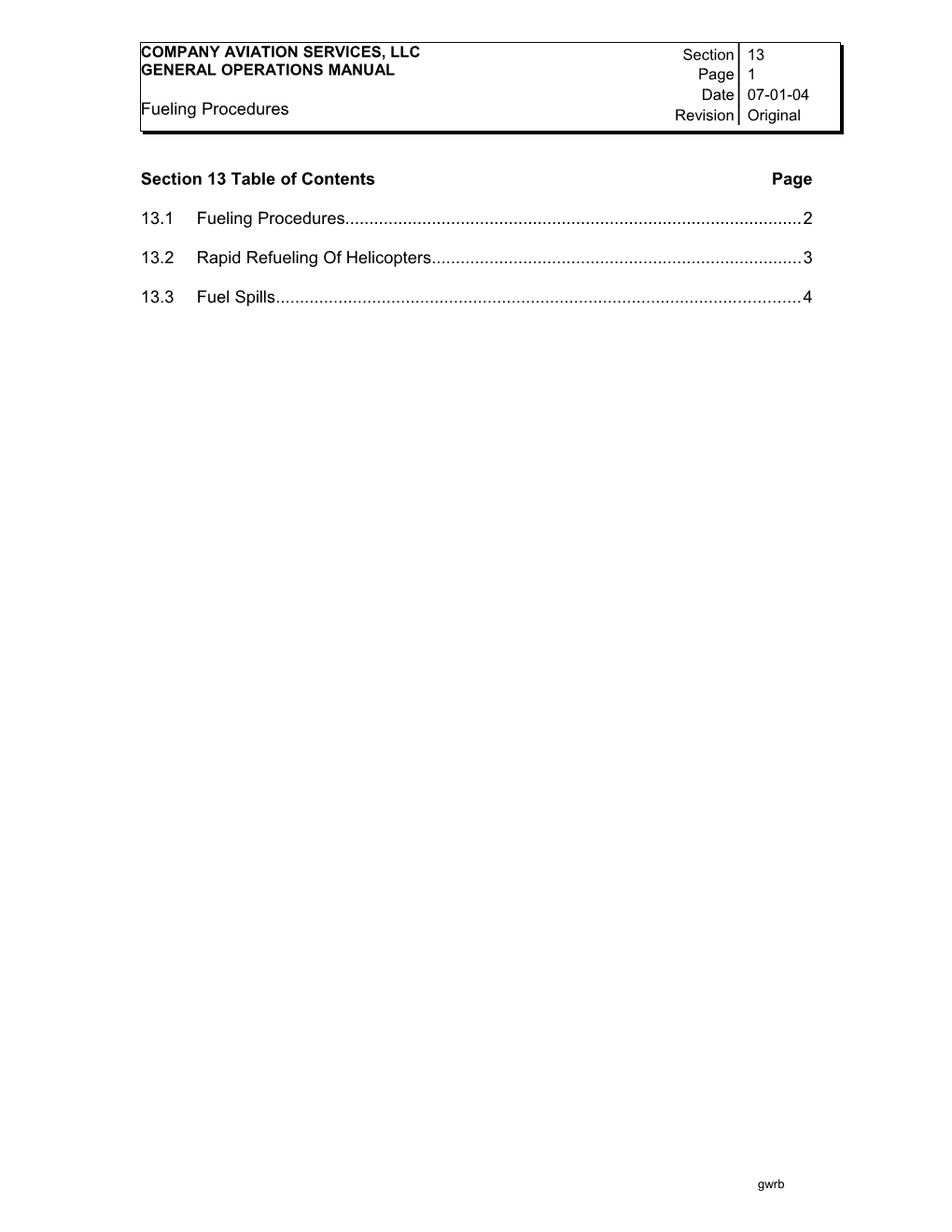 Section 13 Table of Contents Page