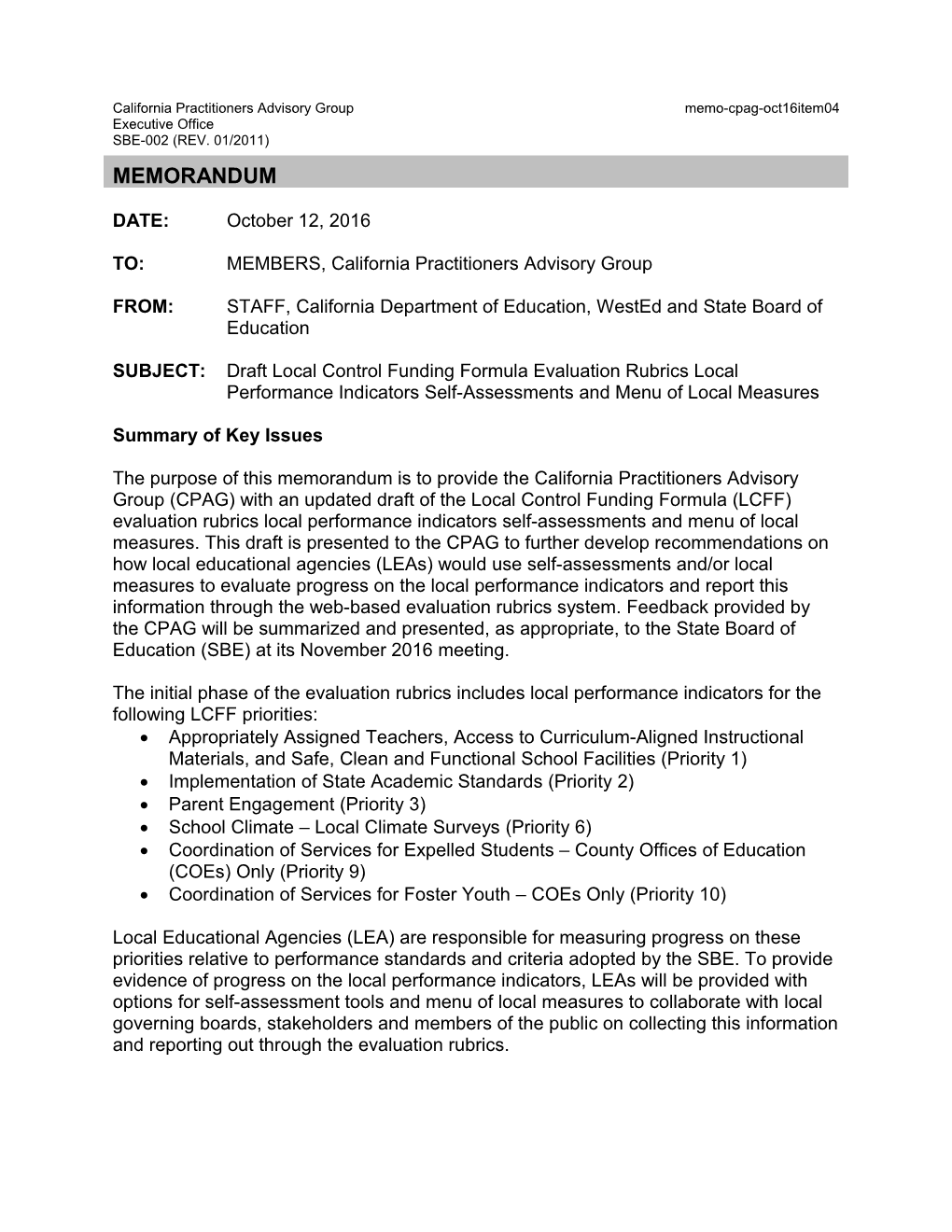 October 2016 Memorandum CPAG Item 04 - California Practitioners Advisory Group (CA State