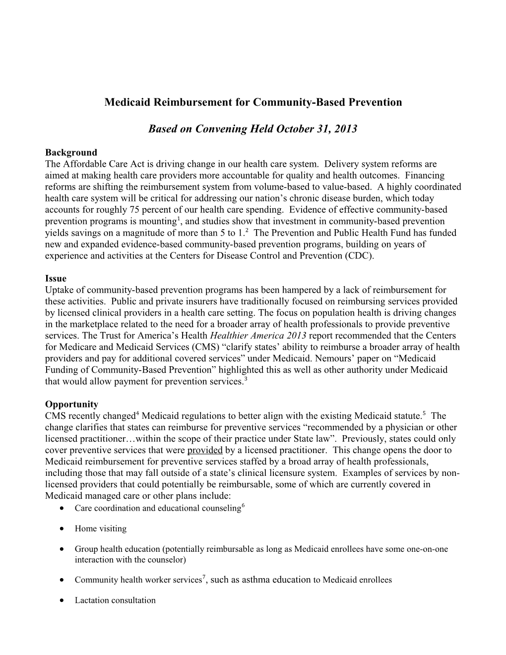 Medicaid Reimbursement for Community-Based Prevention