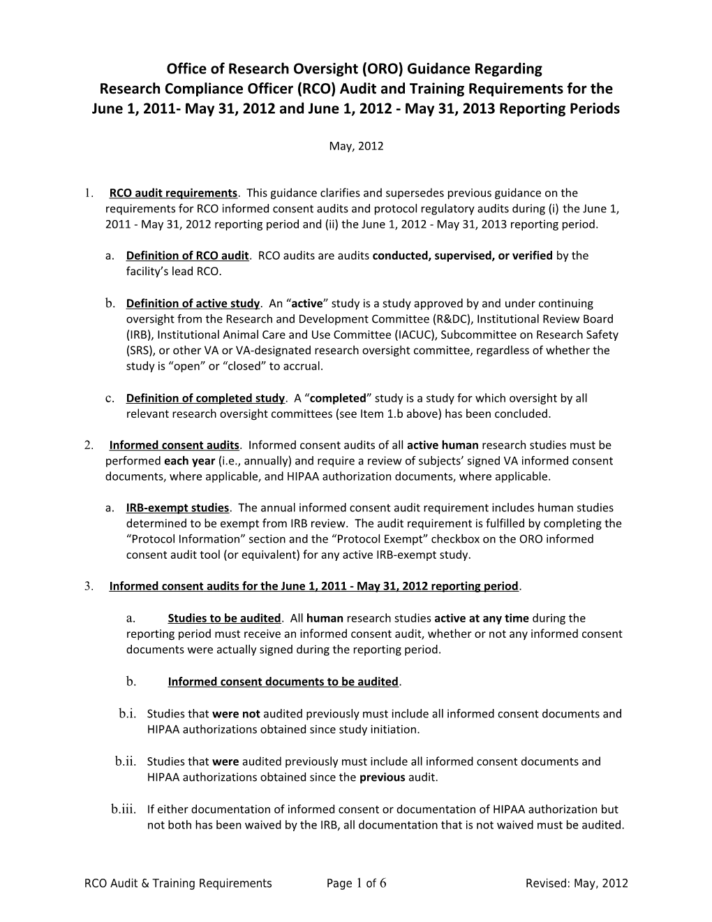 Office of Research Oversight (ORO) Guidance Regarding