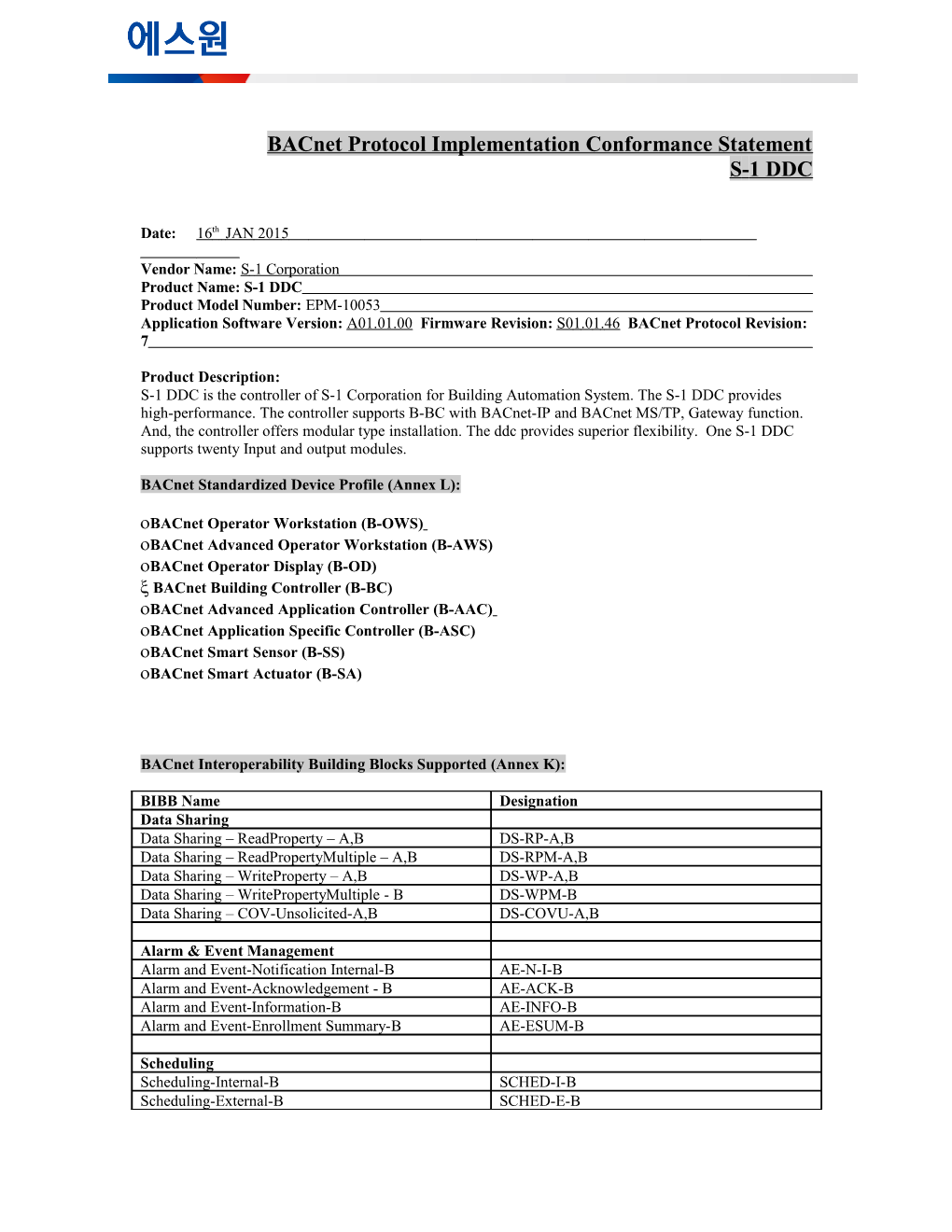 Bacnet Protocol Implementation Conformance Statement s1