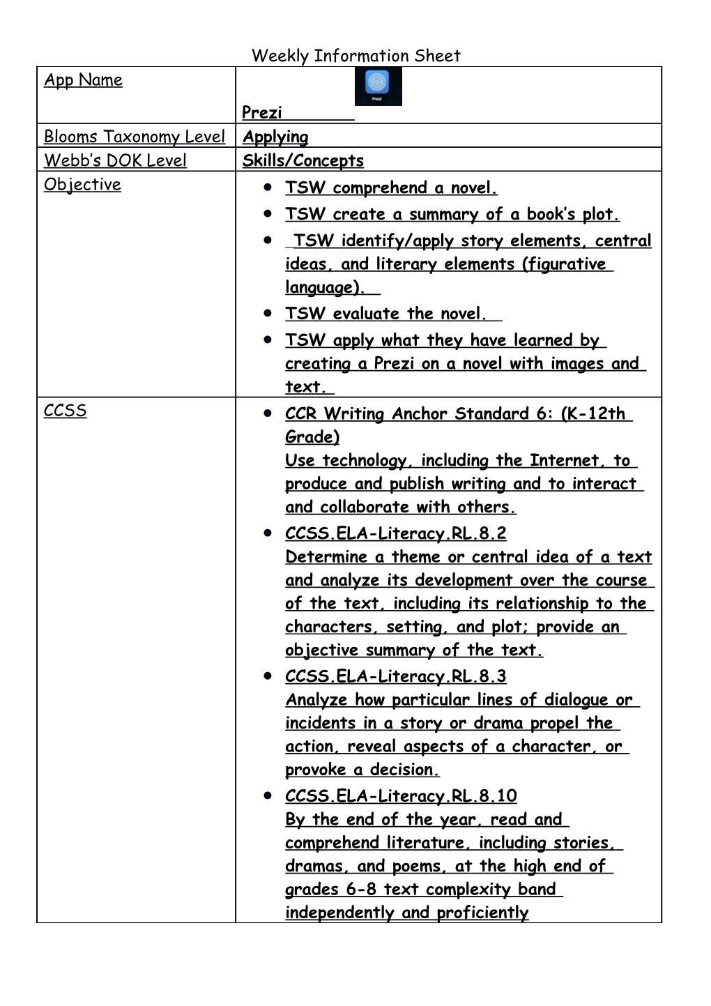 Weekly Information Sheet