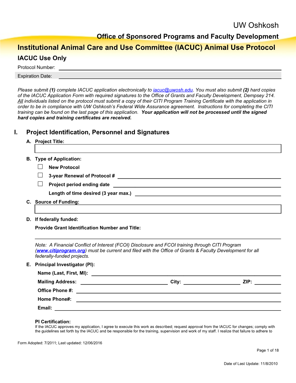 Institutional Animal Care and Use Committee (IACUC) Animal Use Protocol