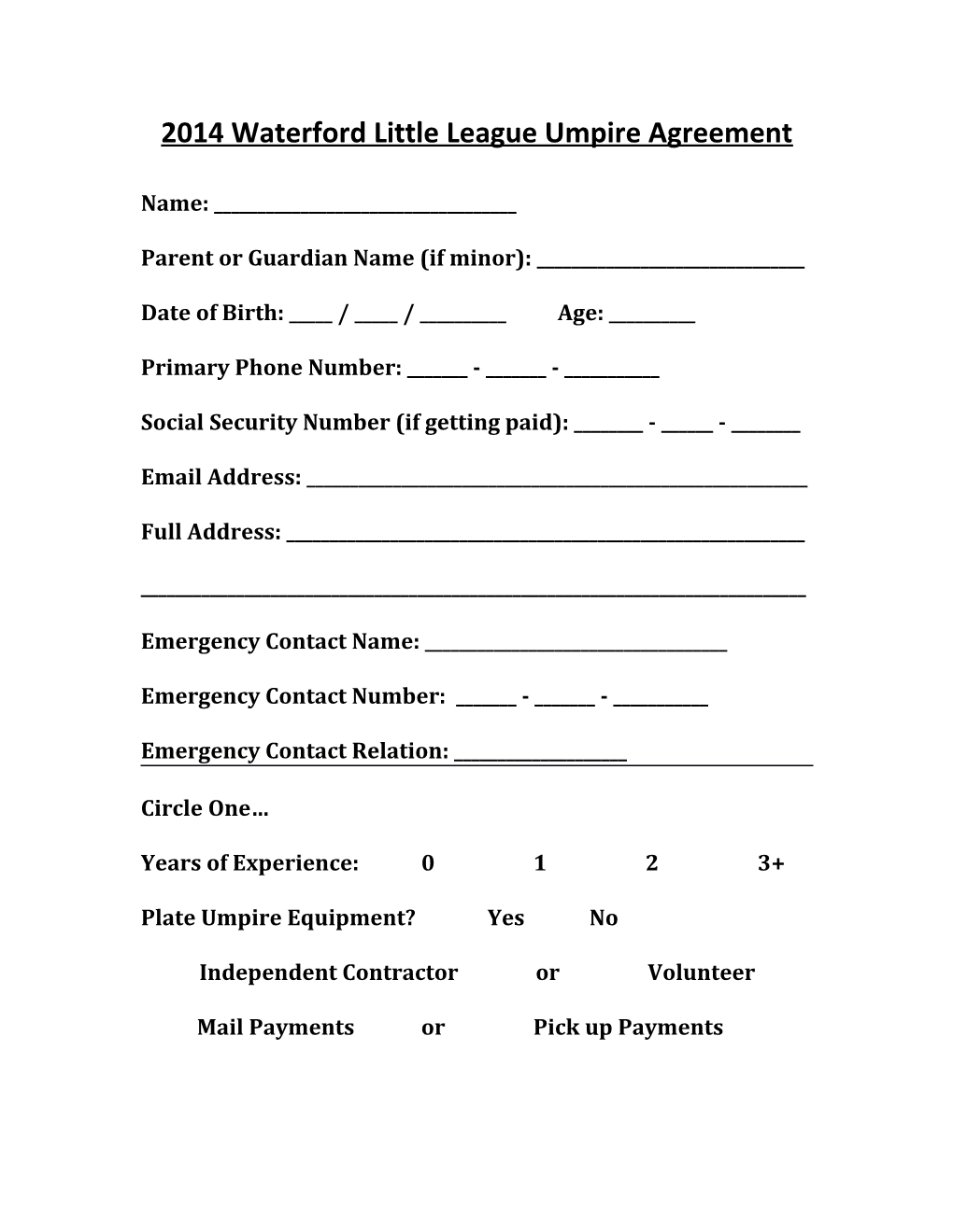 2014 Waterford Little League Umpire Agreement