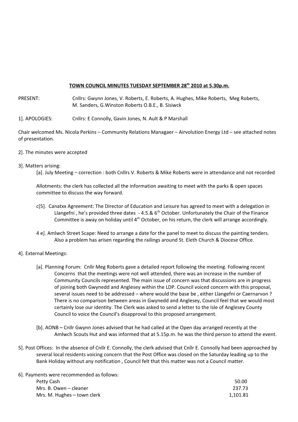 TOWN COUNCIL MINUTES TUESDAY SEPTEMBER 28Th 2010 at 5.30P.M