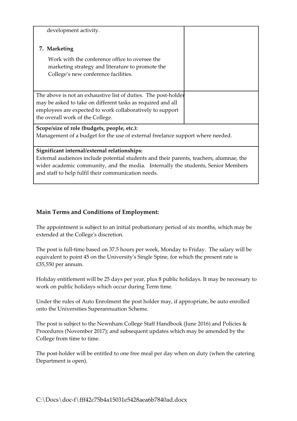 Main Terms and Conditions of Employment