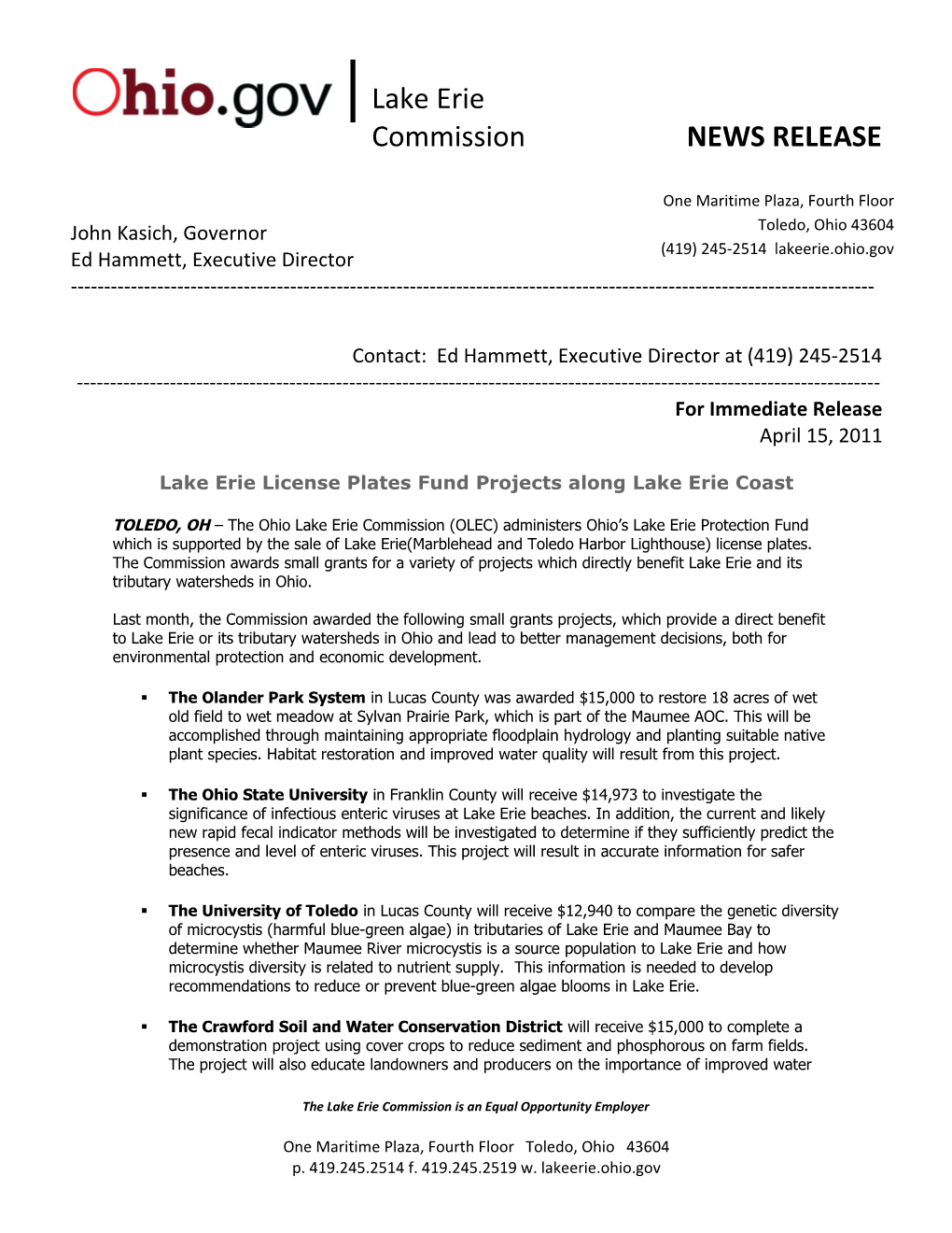 Lake Erie Commission NEWS RELEASE