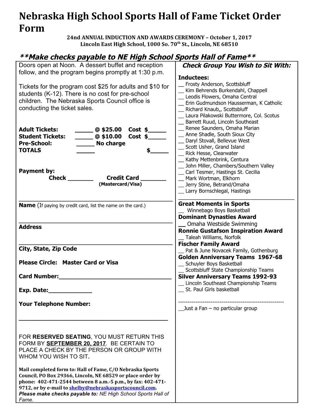 Nebraska High School Sports Hall of Fame Ticket Order Form
