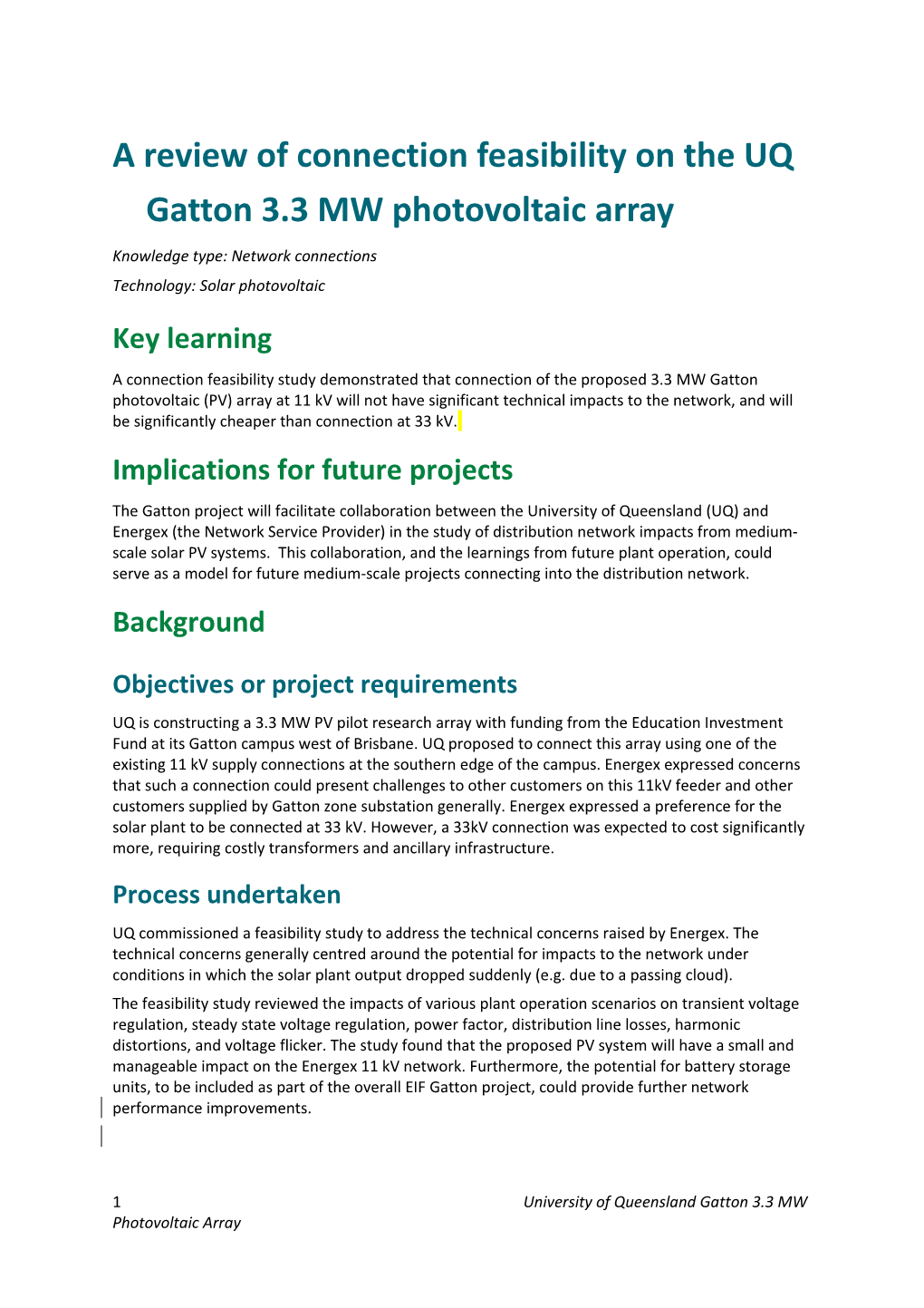 A Review of Connection Feasibility on the UQ Gatton 3.3 MW Photovoltaic Array
