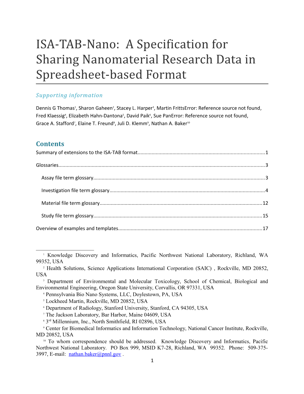 ISA-TAB-Nano: a Specification for Sharing Nanomaterial Research Data in Spreadsheet-Based Format