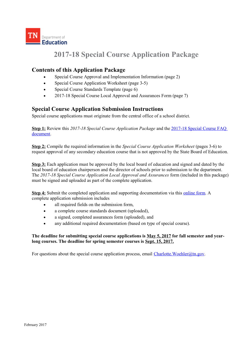 2017-18 Special Course Application Package