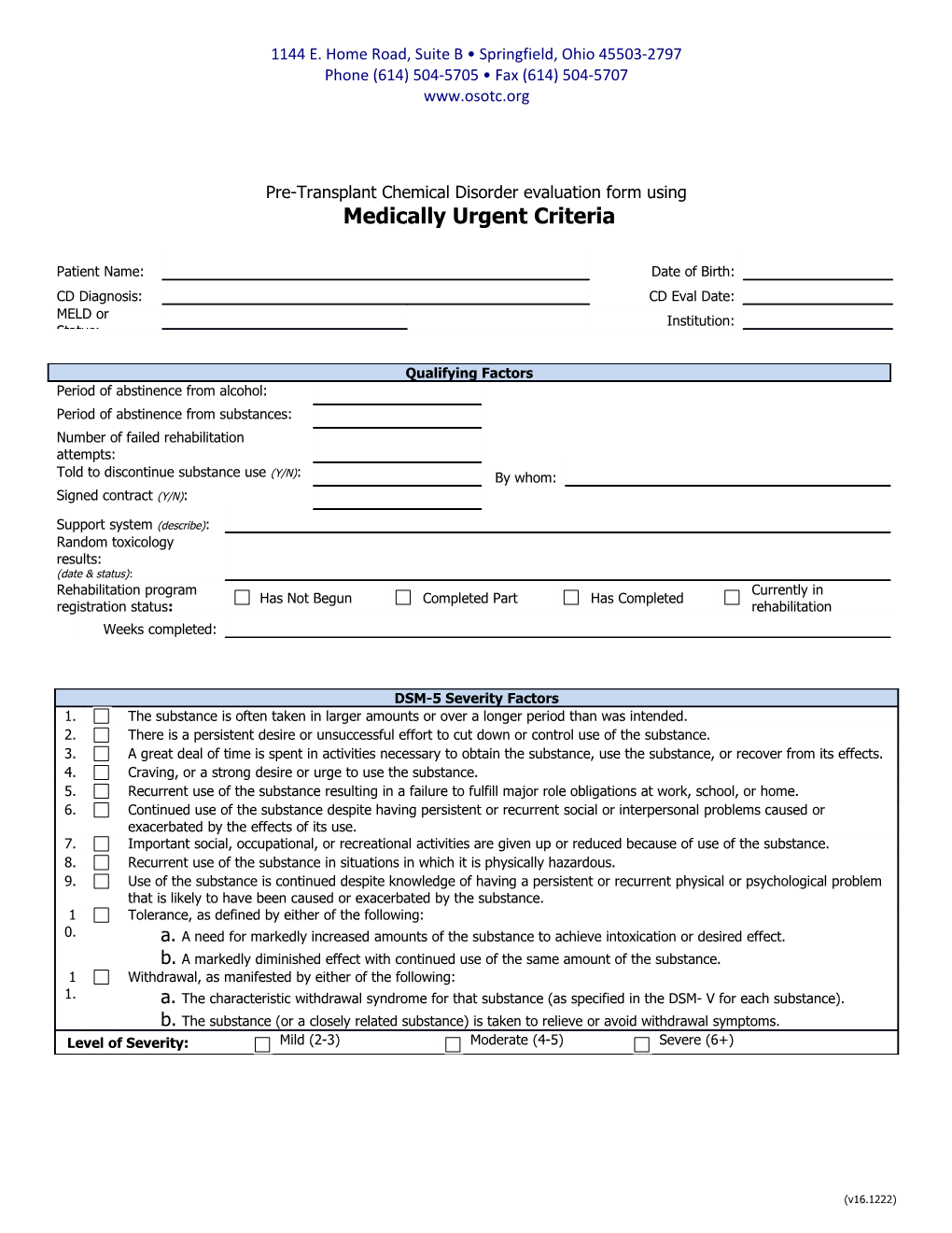 Pre-Transplant Chemical Dependency Evaluation Form Using