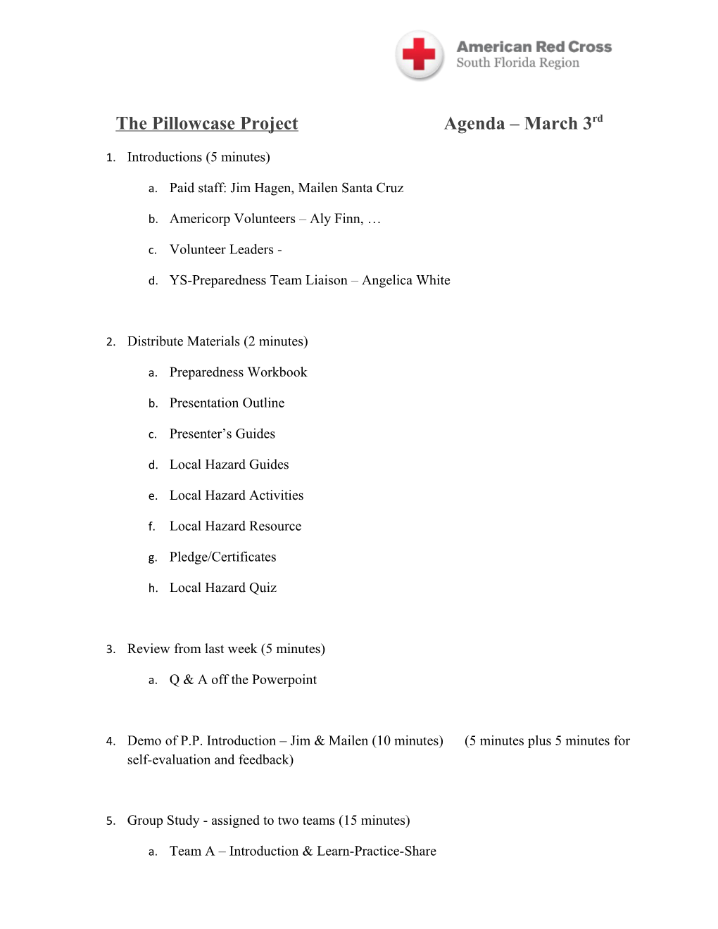 The Pillowcase Project Agenda March 3Rd