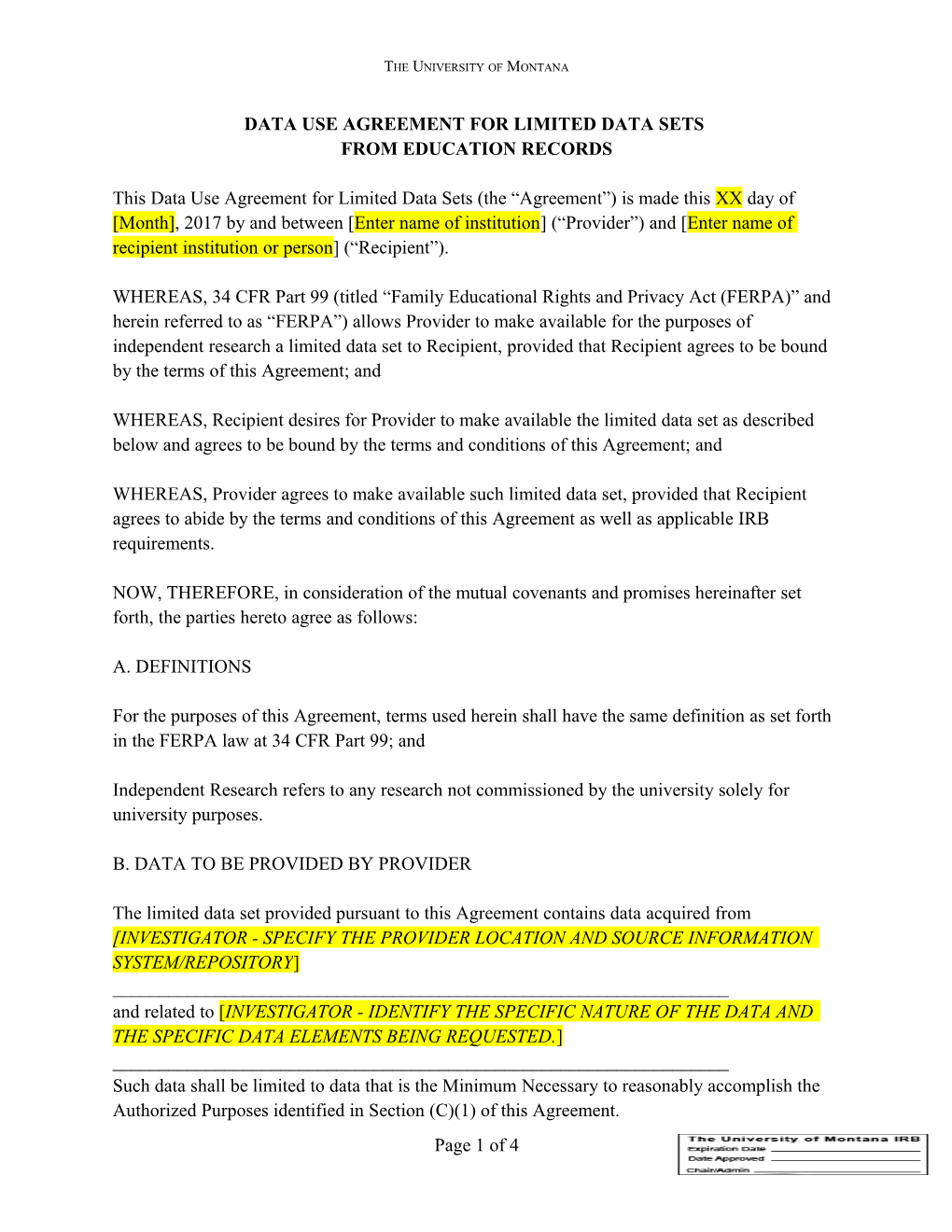 Data Use Agreement for Limited Data Sets