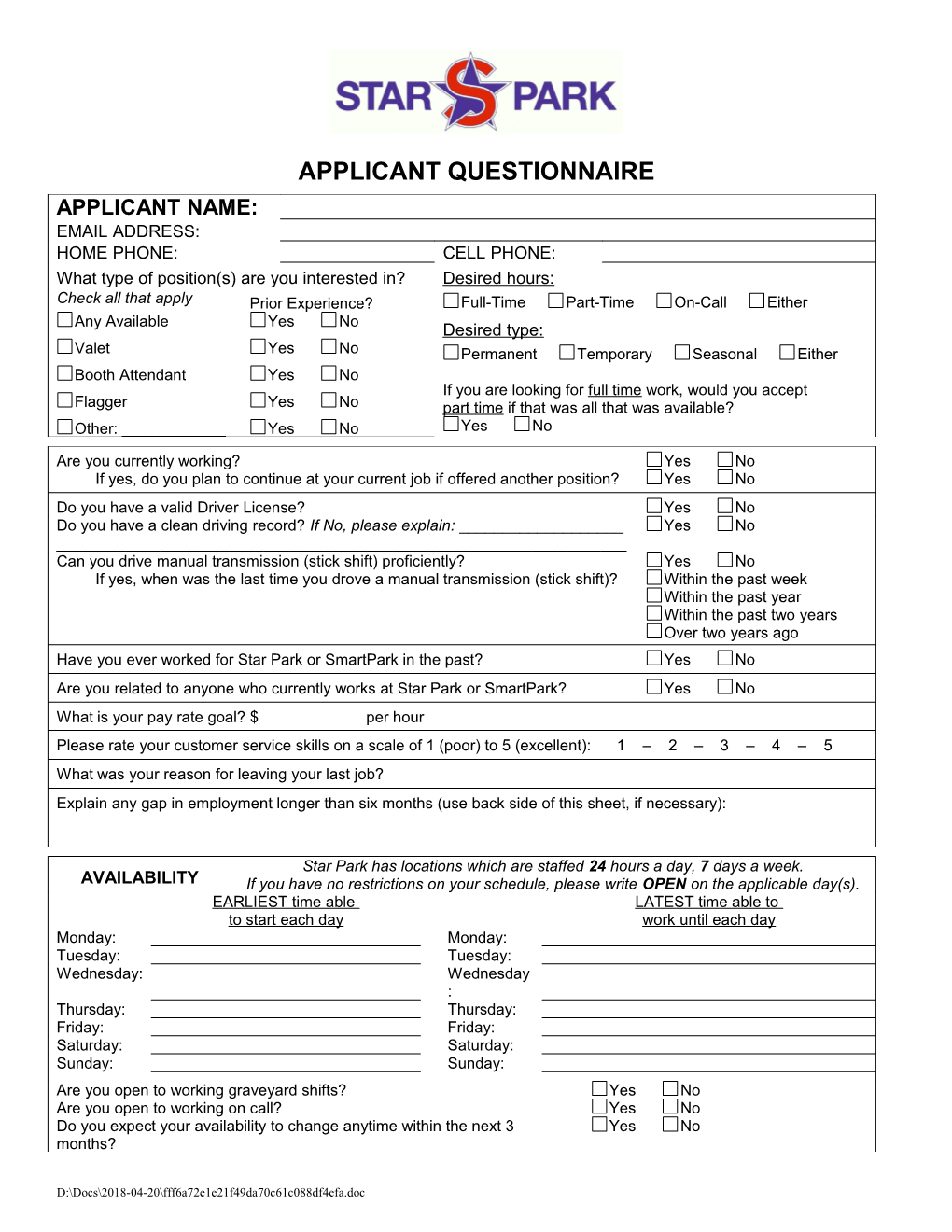 Applicant Questionnaire