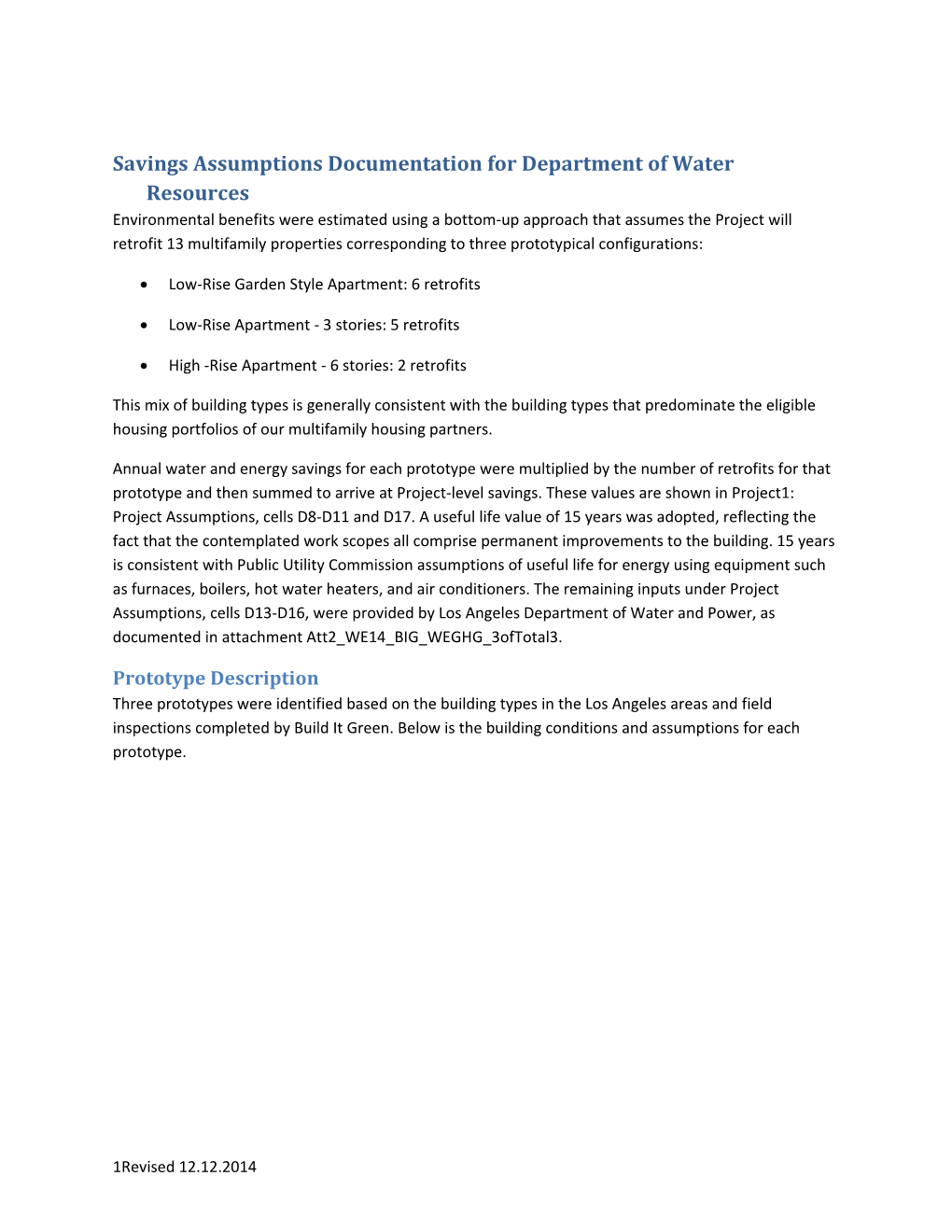 Savings Assumptions Documentation for Department of Water Resources