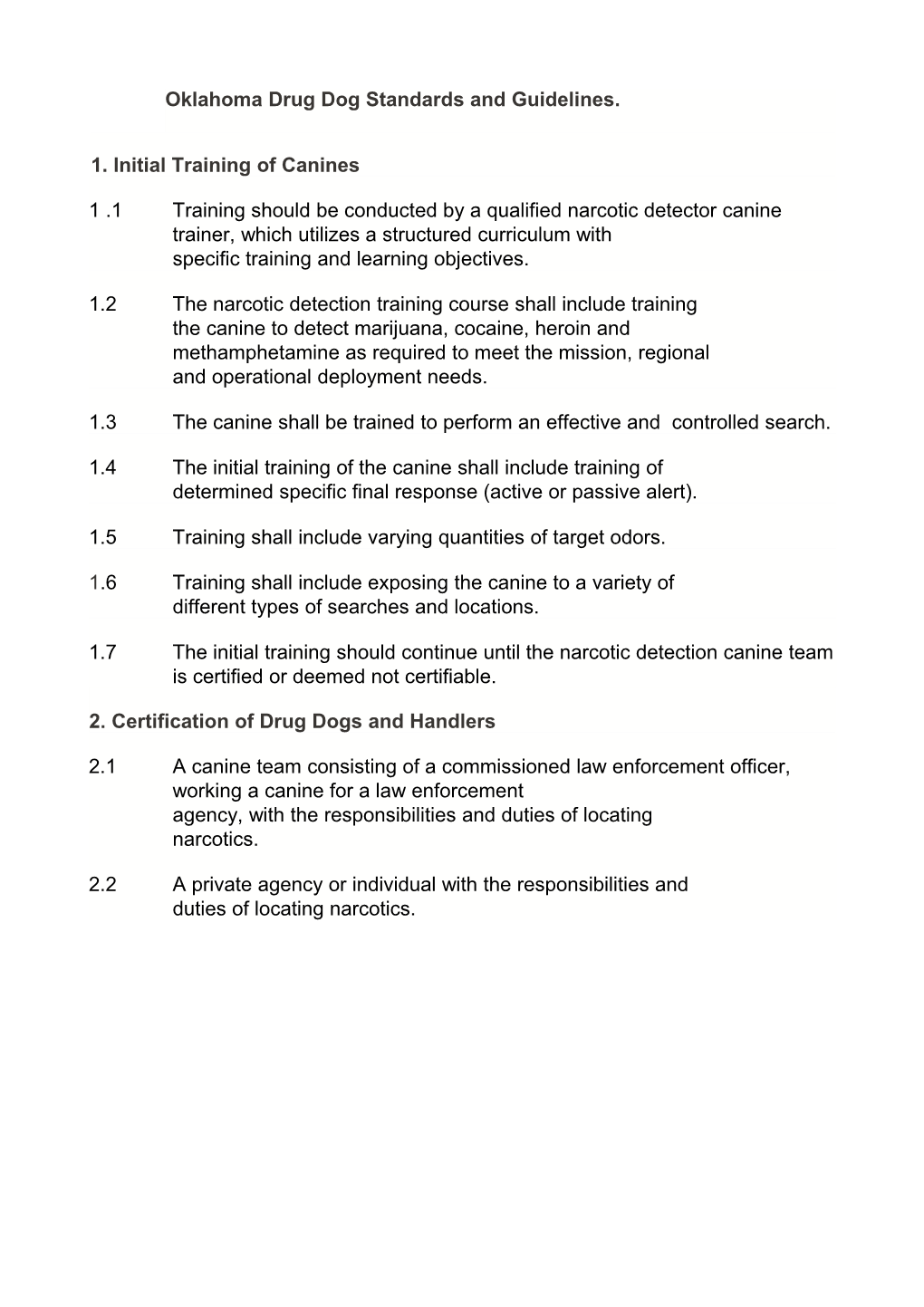 Oklahoma Drug Dog Standards and Guidelines