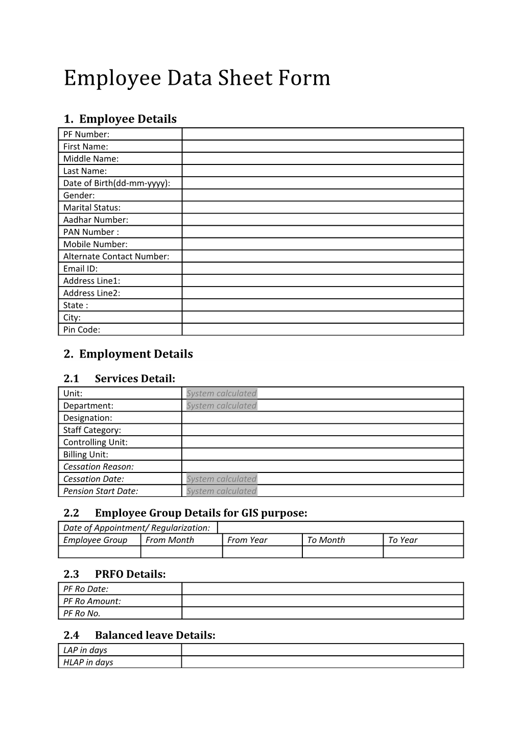 Employee Data Sheet Form