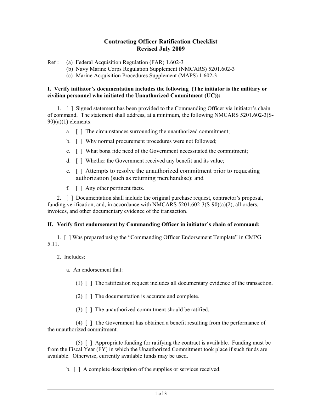 Contracting Officer Ratification Checklist