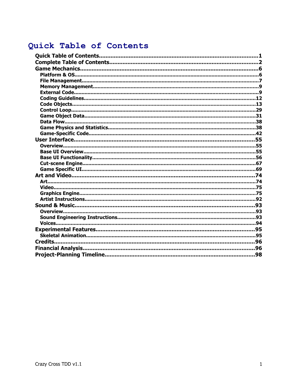 Quick Table of Contents