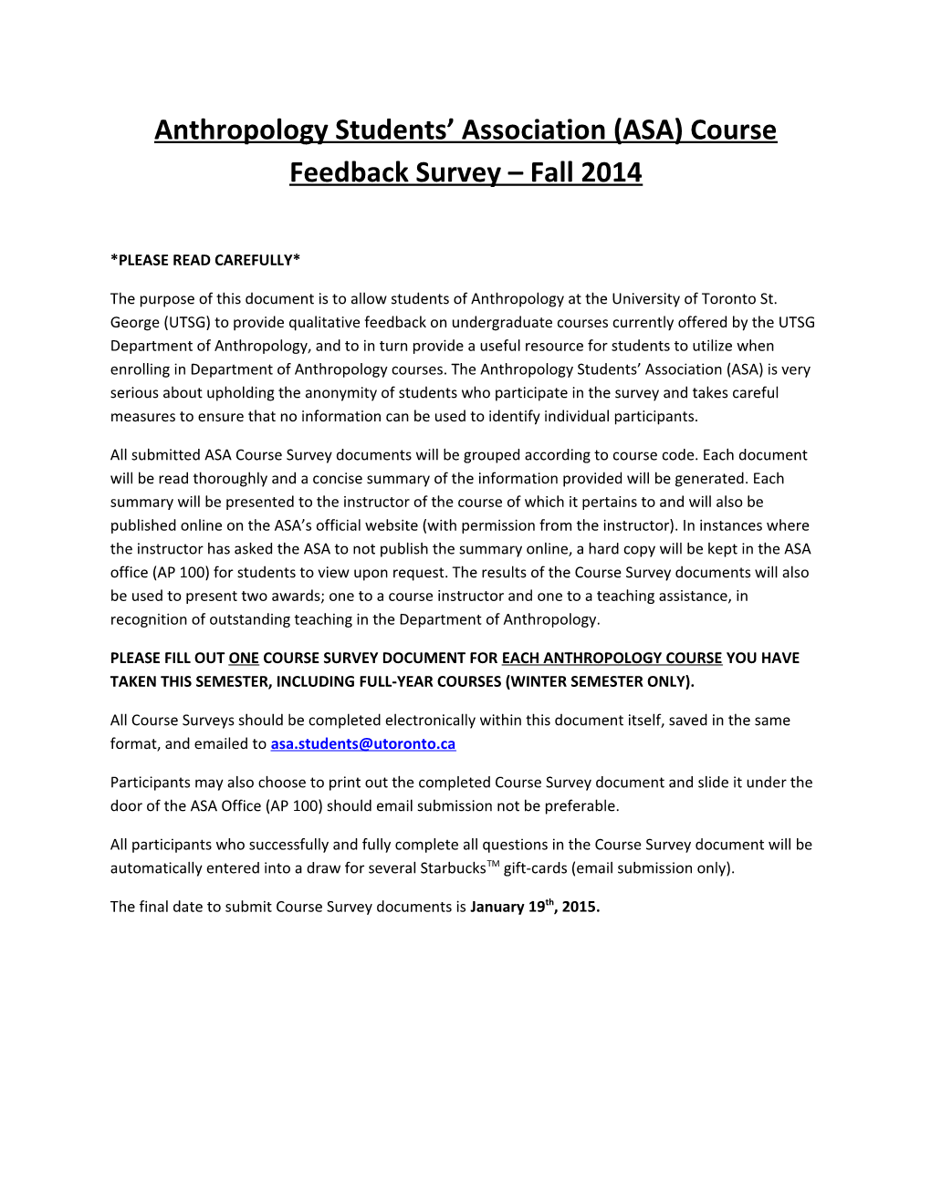 Anthropology Students Association (ASA) Course Feedback Survey Fall 2014