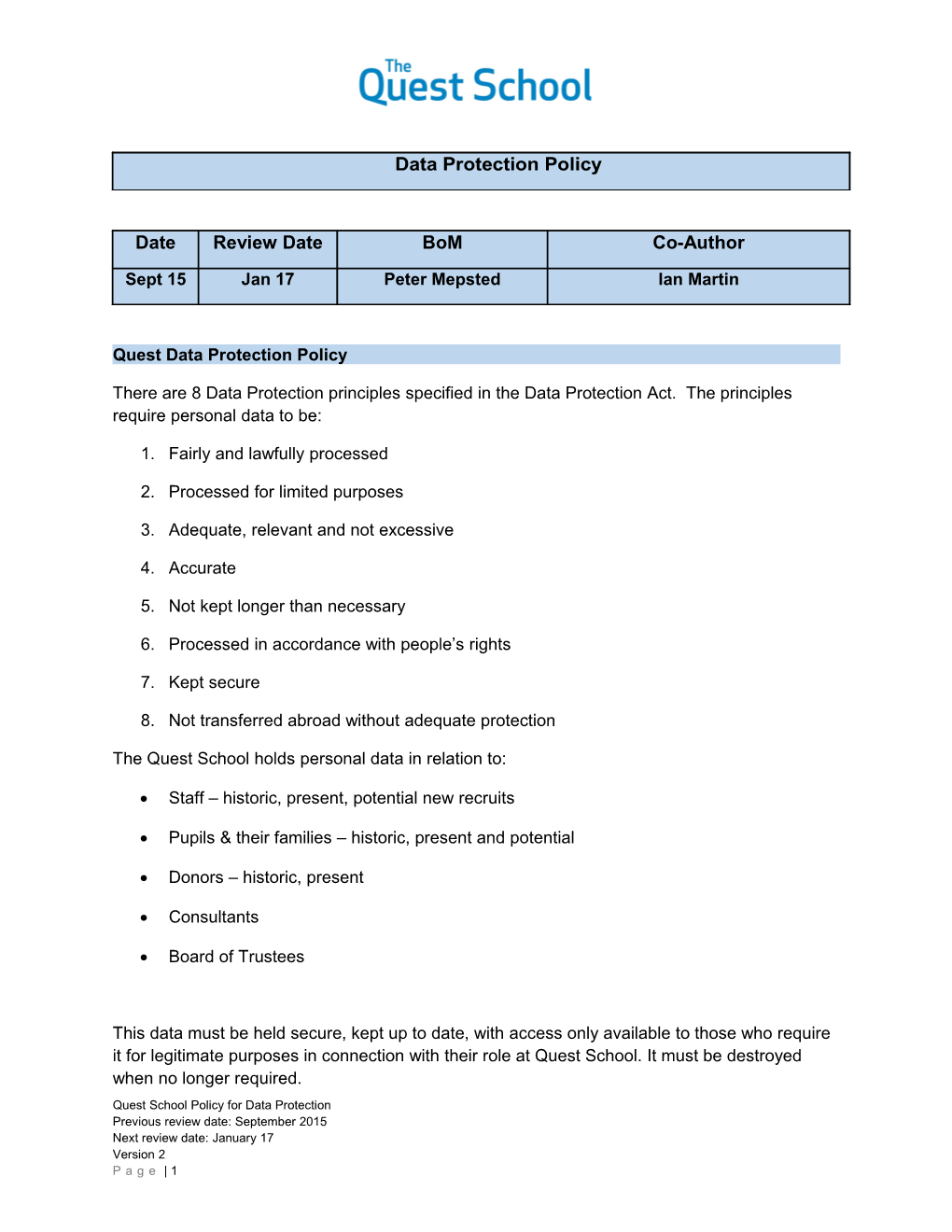 Quest Data Protection Policy