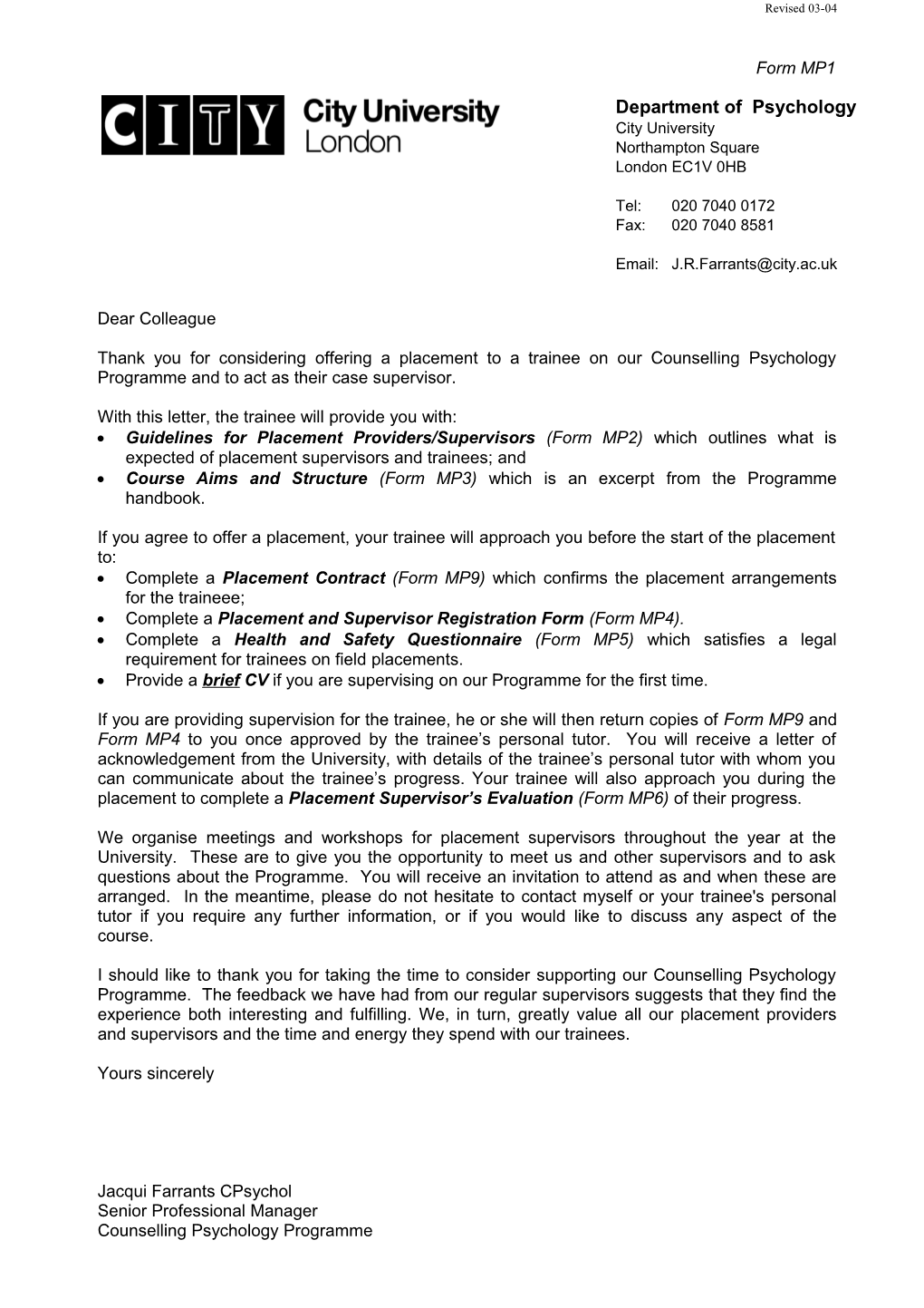 City University - MP1 - Letter to Placement Provider / Supervisor