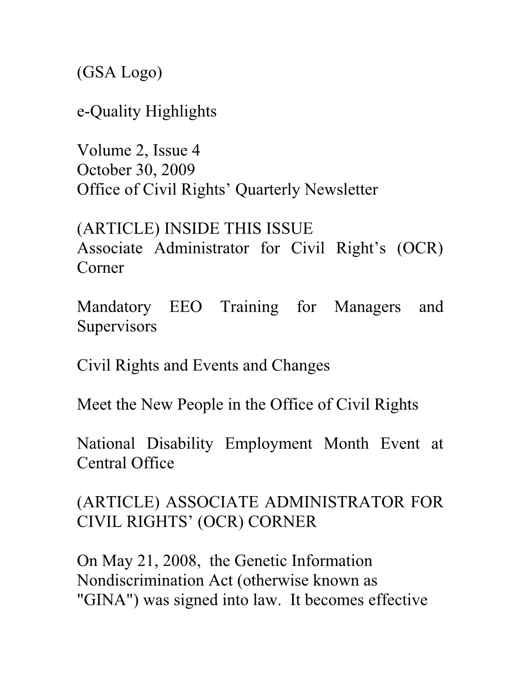 Office of Civil Rights Quarterly Newsletter