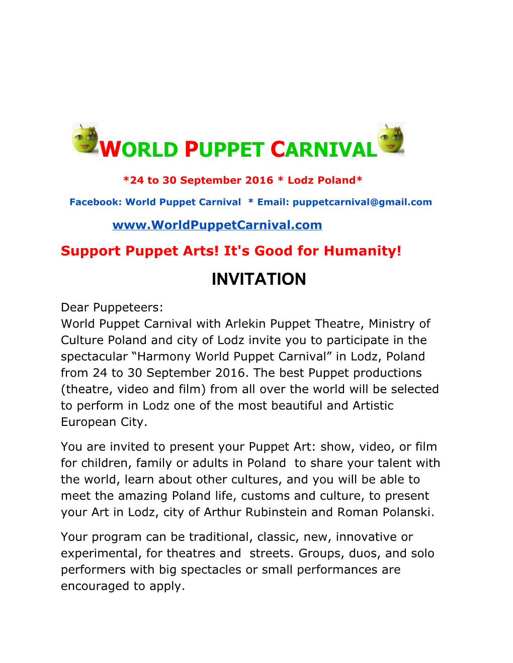 Facebook: World Puppet Carnival * Email