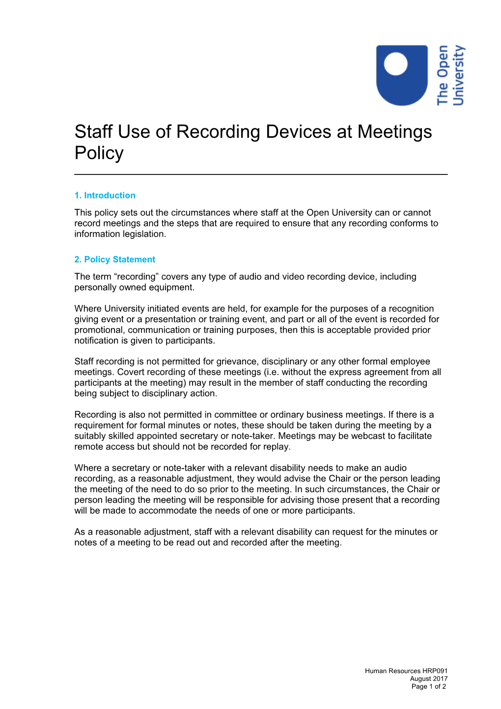 Use of Recording Devices Policy HRP041