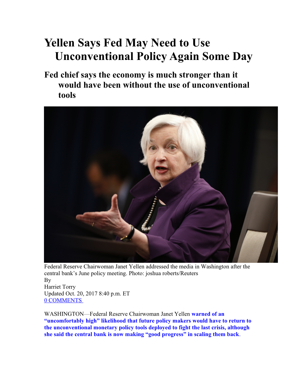 Yellen Says Fed May Need to Use Unconventional Policy Again Some Day