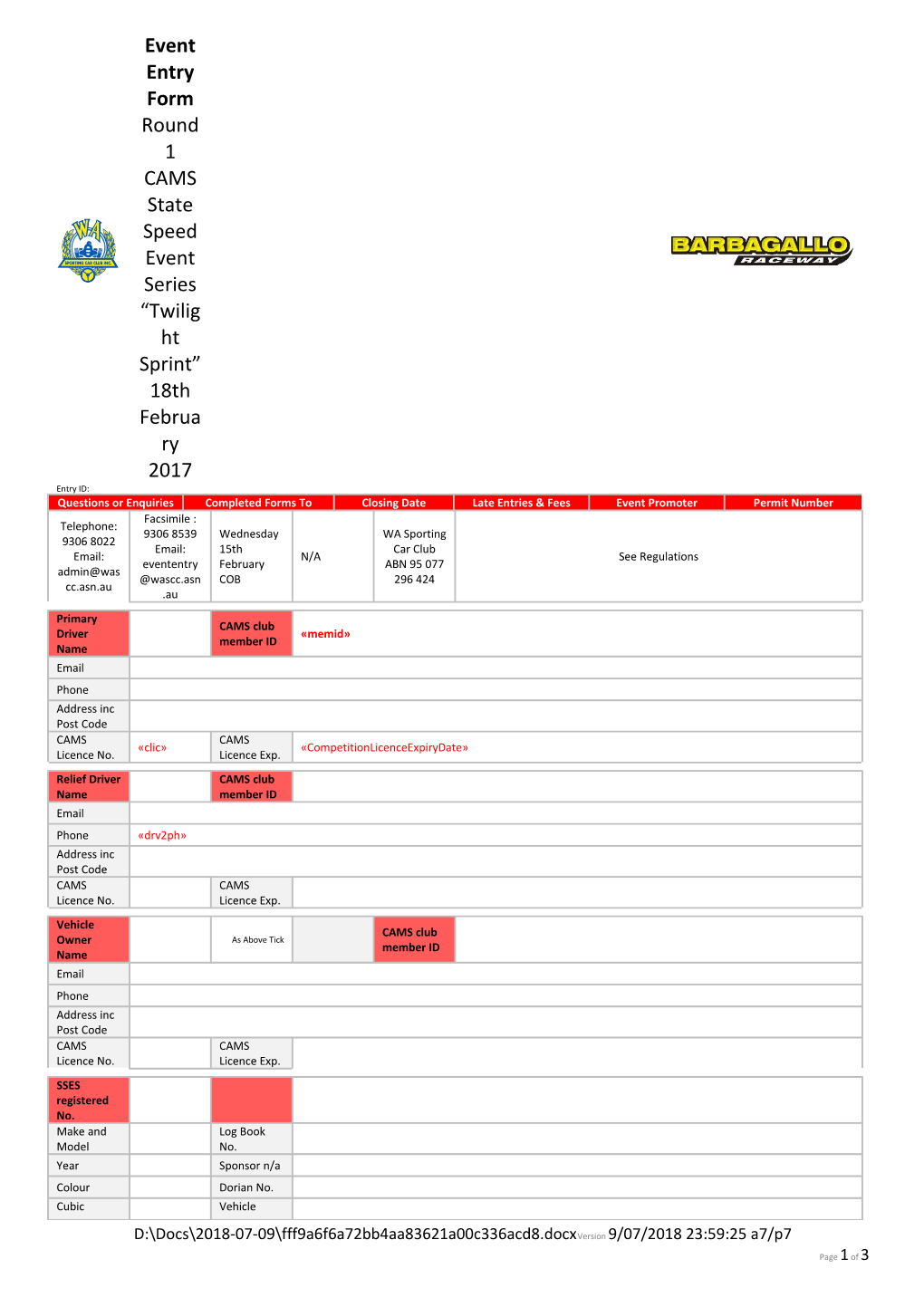 For Competitors I/We Being the Competitor/S of the Vehicle Described on This Entry Form