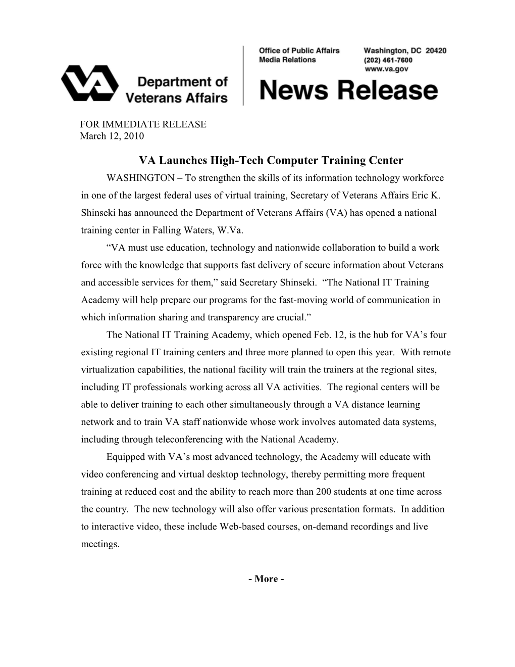 VA Launches High-Tech Computer Training Center