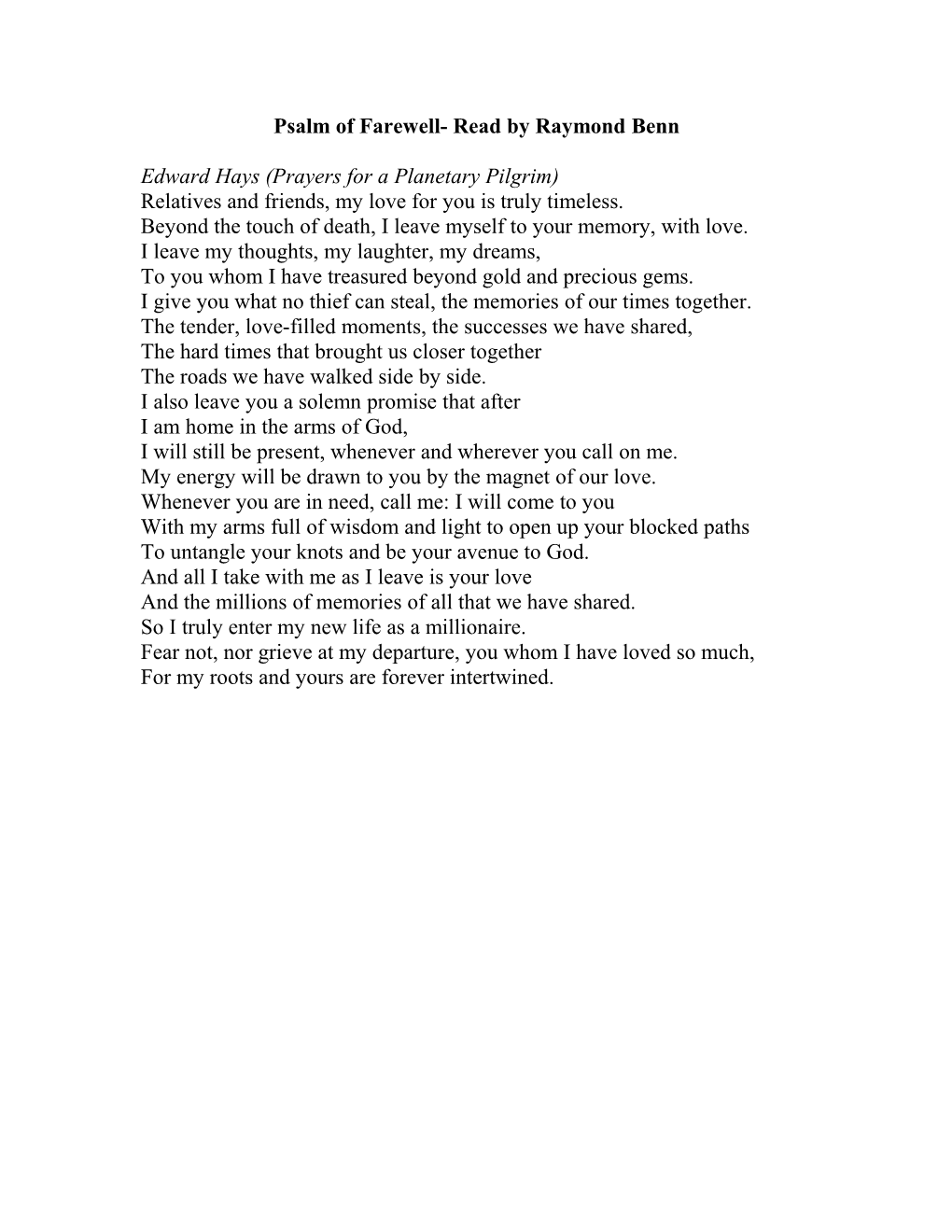 Psalm of Farewell- Read by Raymond Benn
