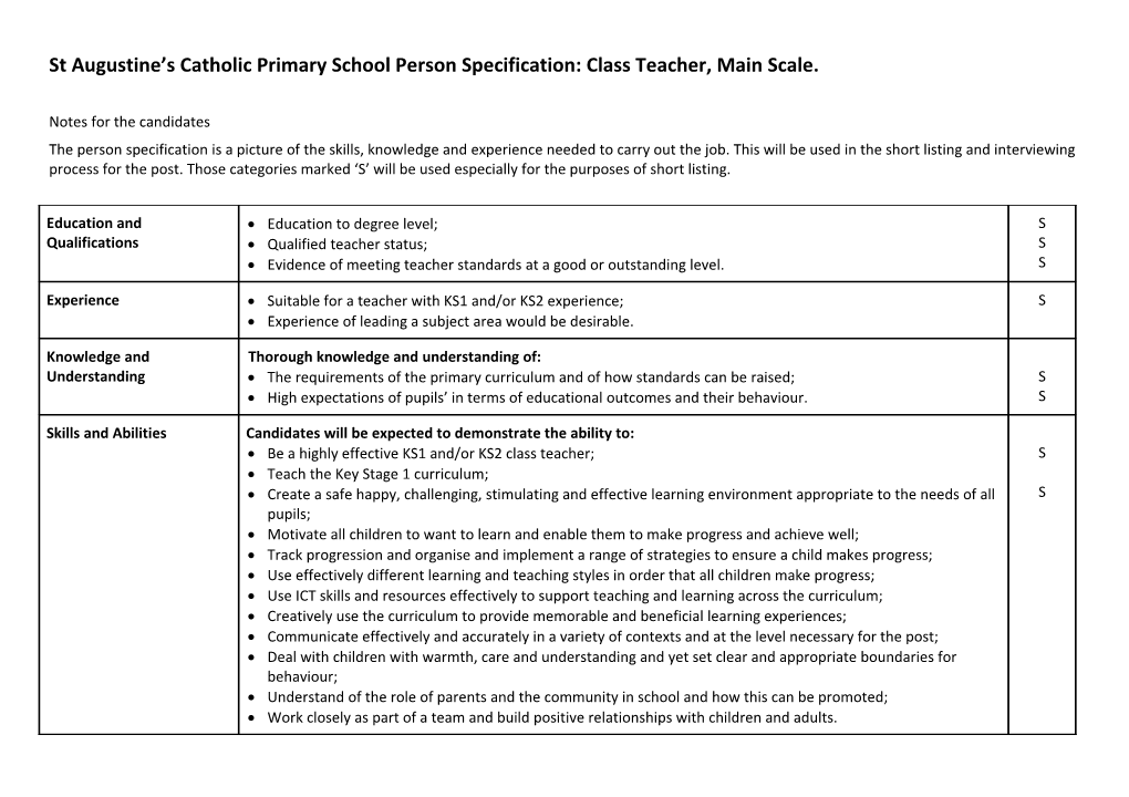 Person Specification for a Class Teacher s1