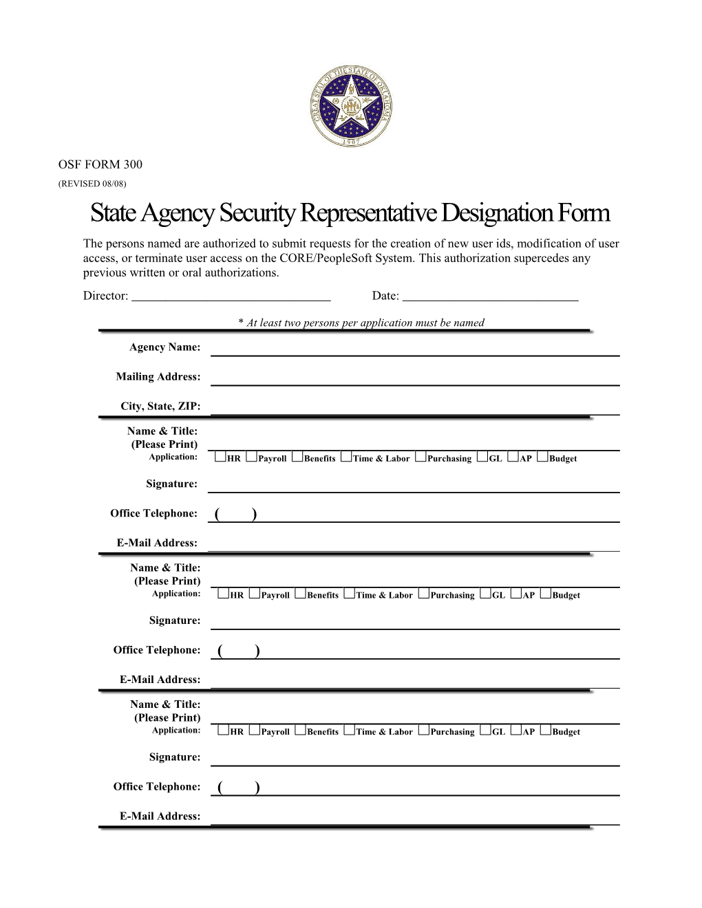 State Agency Security Representative Designation Form