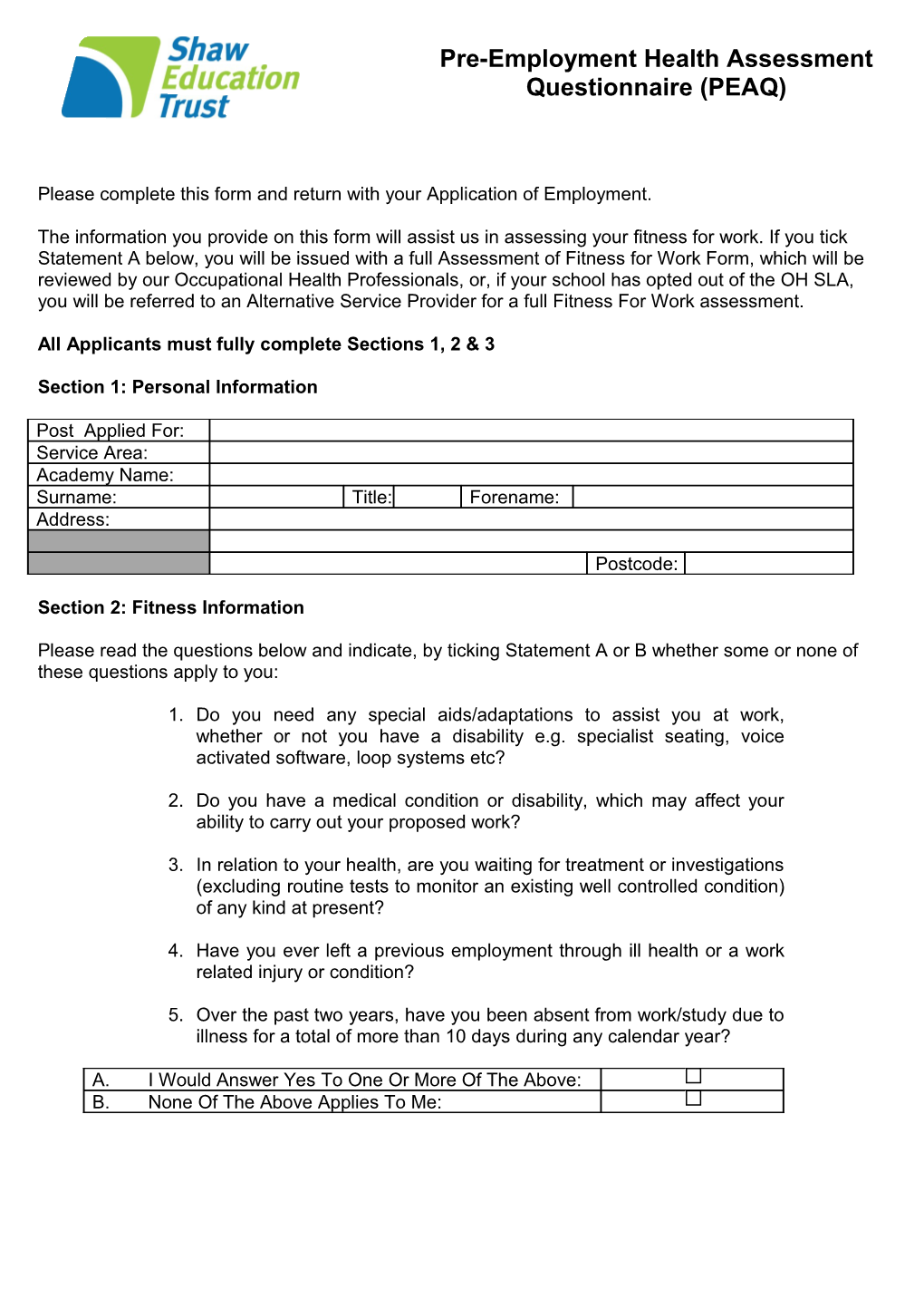 Please Complete This Form and Return with Your Application of Employment