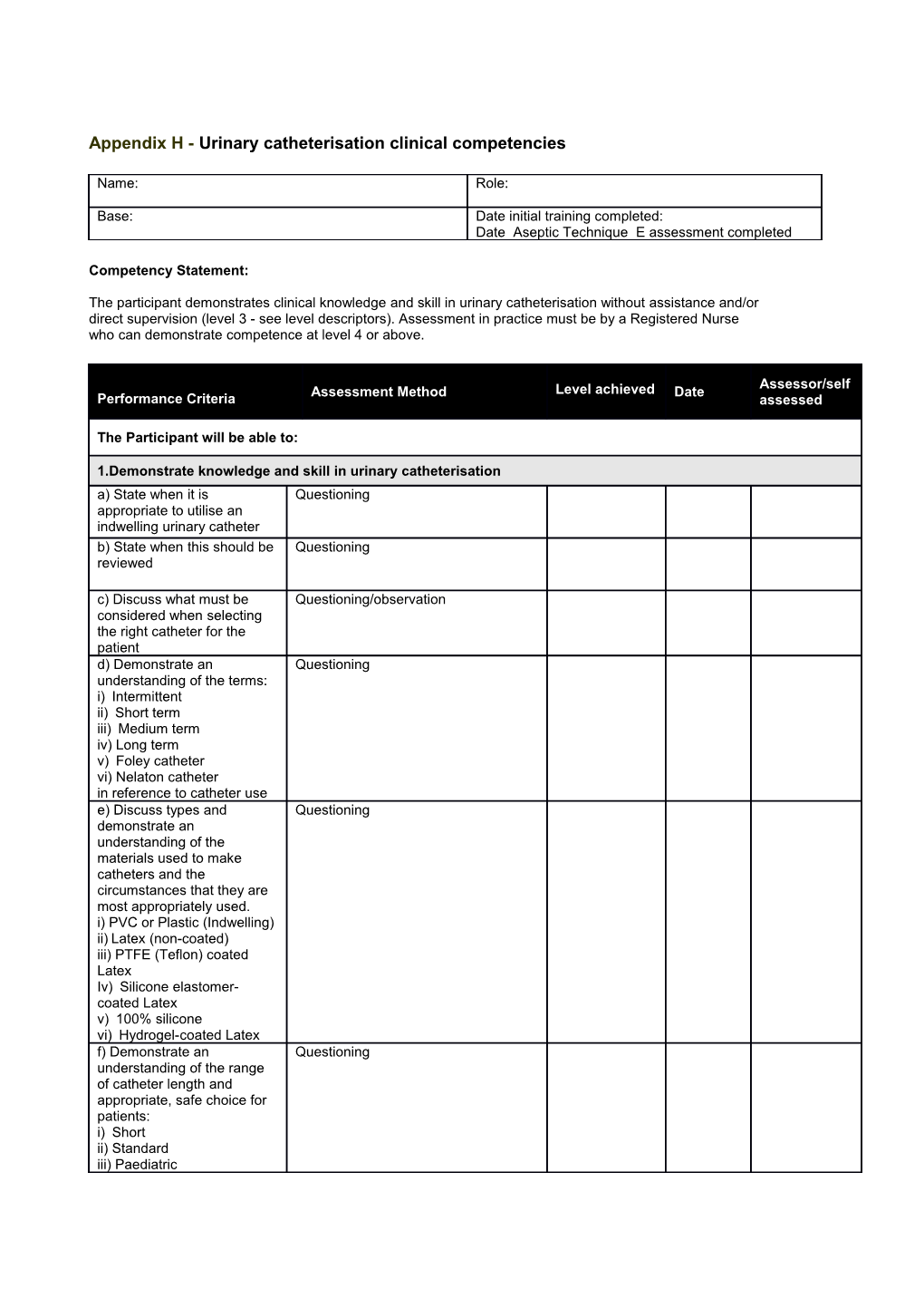Appendix H - Urinary Catheterisation Clinical Competencies