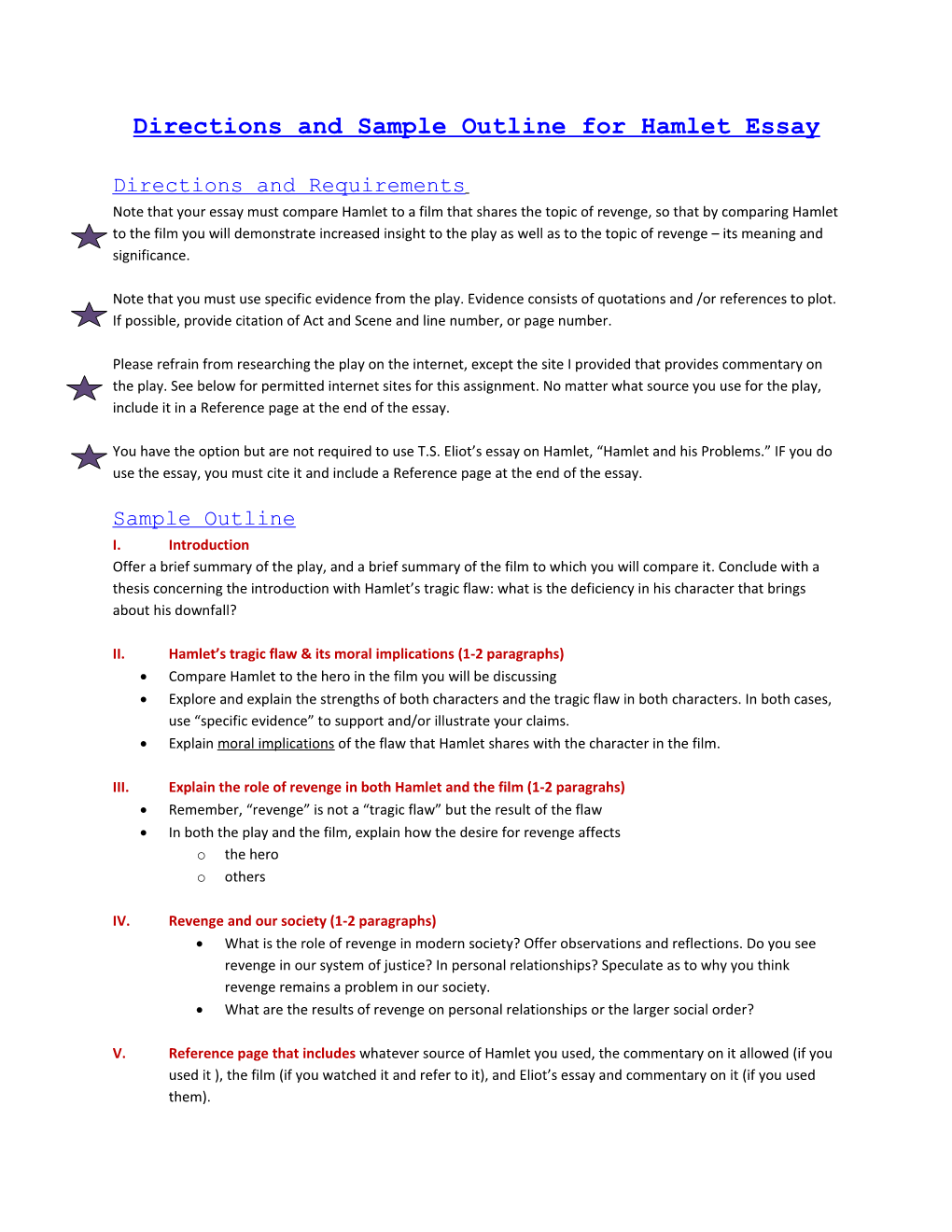 Directions and Sample Outline for Hamlet Essay